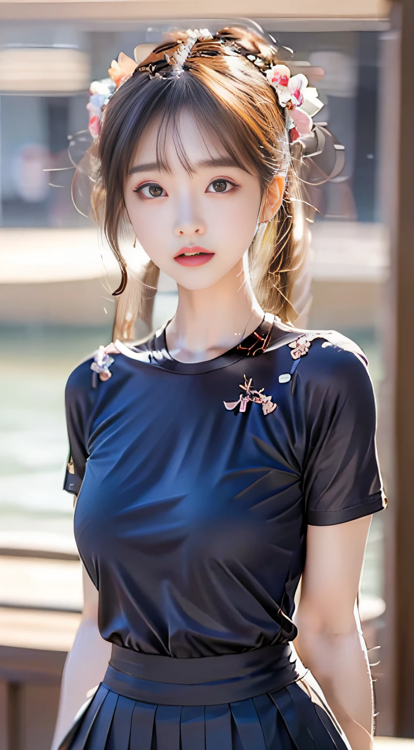 (, Acura, 8K, tmasterpiece: 1.3)), full bodyesbian, long leges, Focalors: 1.2, perfect figure beautiful woman: 1.4, Slim abs: 1.1, (dark brown hair,: 1.2 )), (blue tight t-shirt, short skirt,: 1.2), (城市, the roof: 1.3)), Highly Detailed Face and Skin Textur, detailedeyes, 二重まぶた,