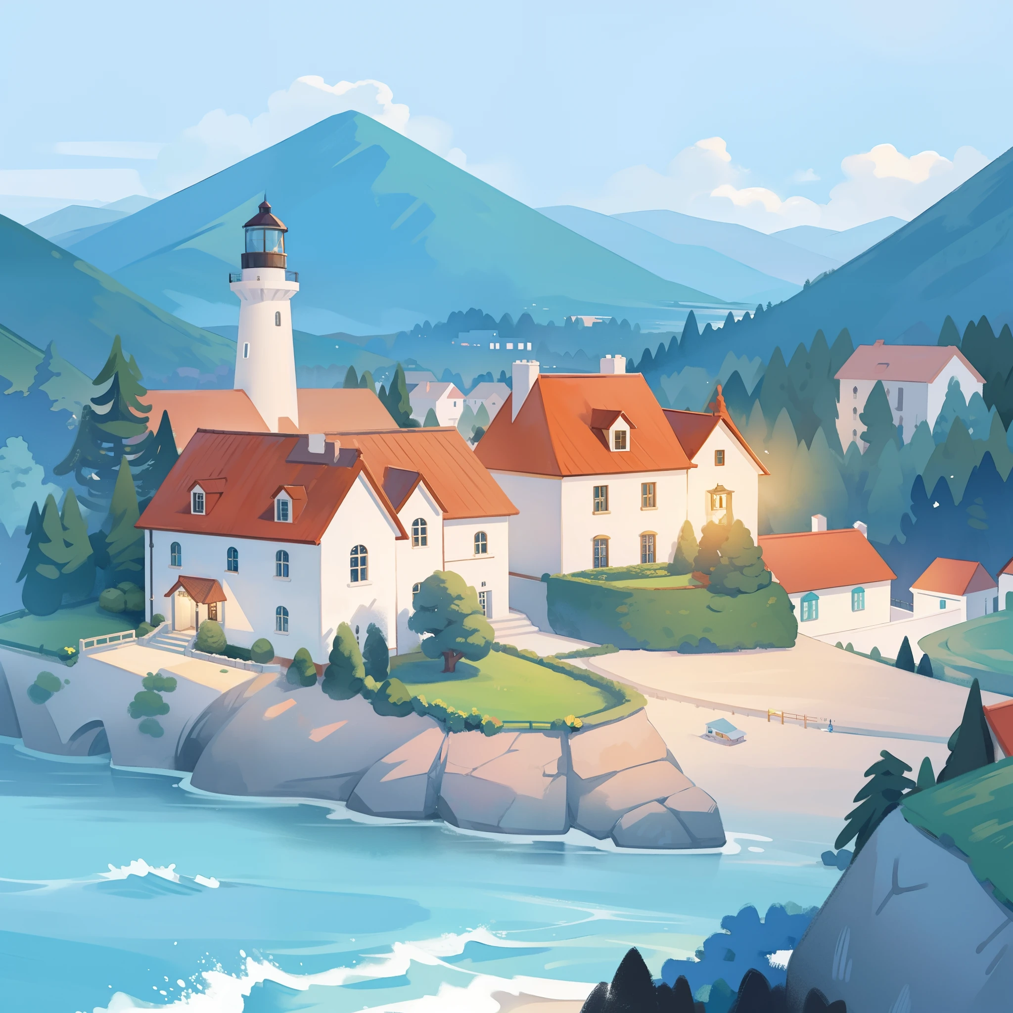 ocean fantasy, watercolor illustration, whimsical, warm colors, village, houses, huge lighthouse, ((masterpiece)), highly detailed environment