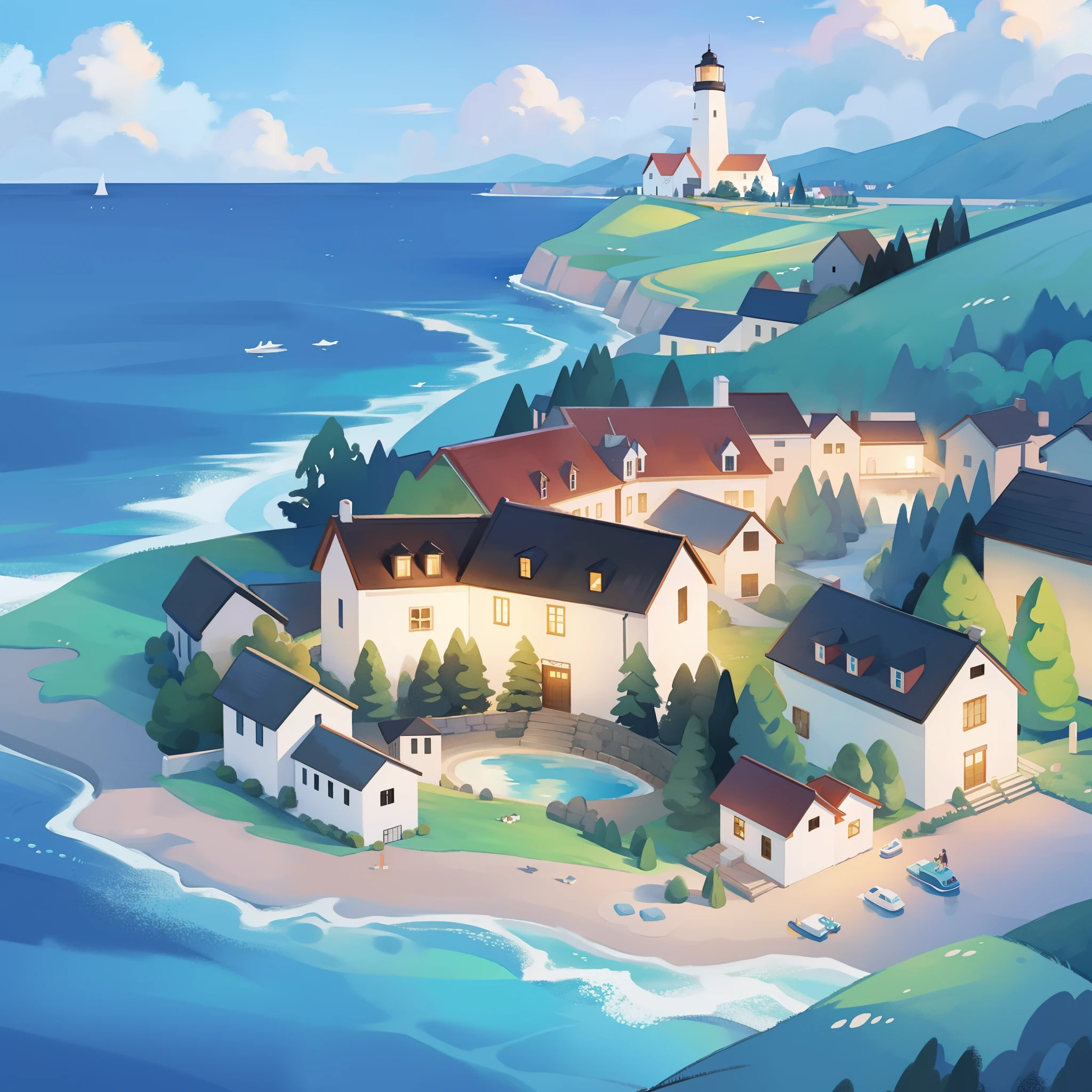 ocean fantasy, watercolor illustration, whimsical, warm colors, village, houses, huge lighthouse, ((masterpiece)), highly detailed environment