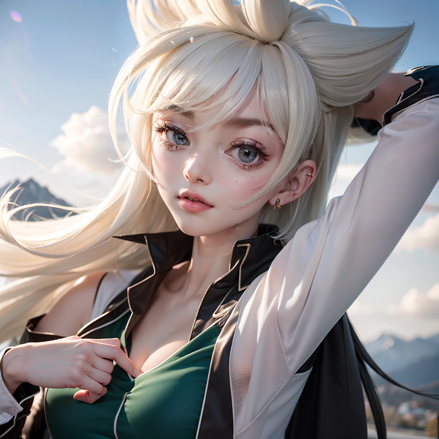 (Culifla from the movie Dragon Ball:1.45), 1girl, boca cerrada, Enfoque femenino, muscular, musculoso femenino, roca, sash, serio, solamente, Realistic spiked hair, Ultra instinto, (Obra maestra, La mejor calidad, 8K extremadamente detallado, Ultra HD, Ultra detallado, Altamente detallado, Altamente realista, Foto realista), (1girl:1.5), (Hermosa cara realista, Cara realista detallada), (Cabello rubio natural realista de alto detalle, hermoso peinado realista), (hermosos ojos realistas, Ojos de tosca verde realistas de alto detalle, ojos proporcionales, Alumnos realistas, alumnos de alto detalle), (cejas naturales realistas de alto detalle), (Labios realistas de alto detalle, hermosos labios realistas, pink lipsticks), (Parte superior del cuerpo desde la cabeza hasta los muslos, cuerpo delgado:1.5), Piel realista altamente detallada, foco nítido, al aire libre, mountains, nieve,