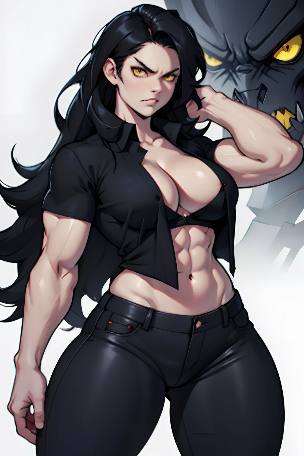 1 girl, black hair, extremely long hair, large breasts, (muscular), thick thighs, tight shirt, tight pants, solo, yellow eyes, navel, abs, angry, pale skin, cleavage