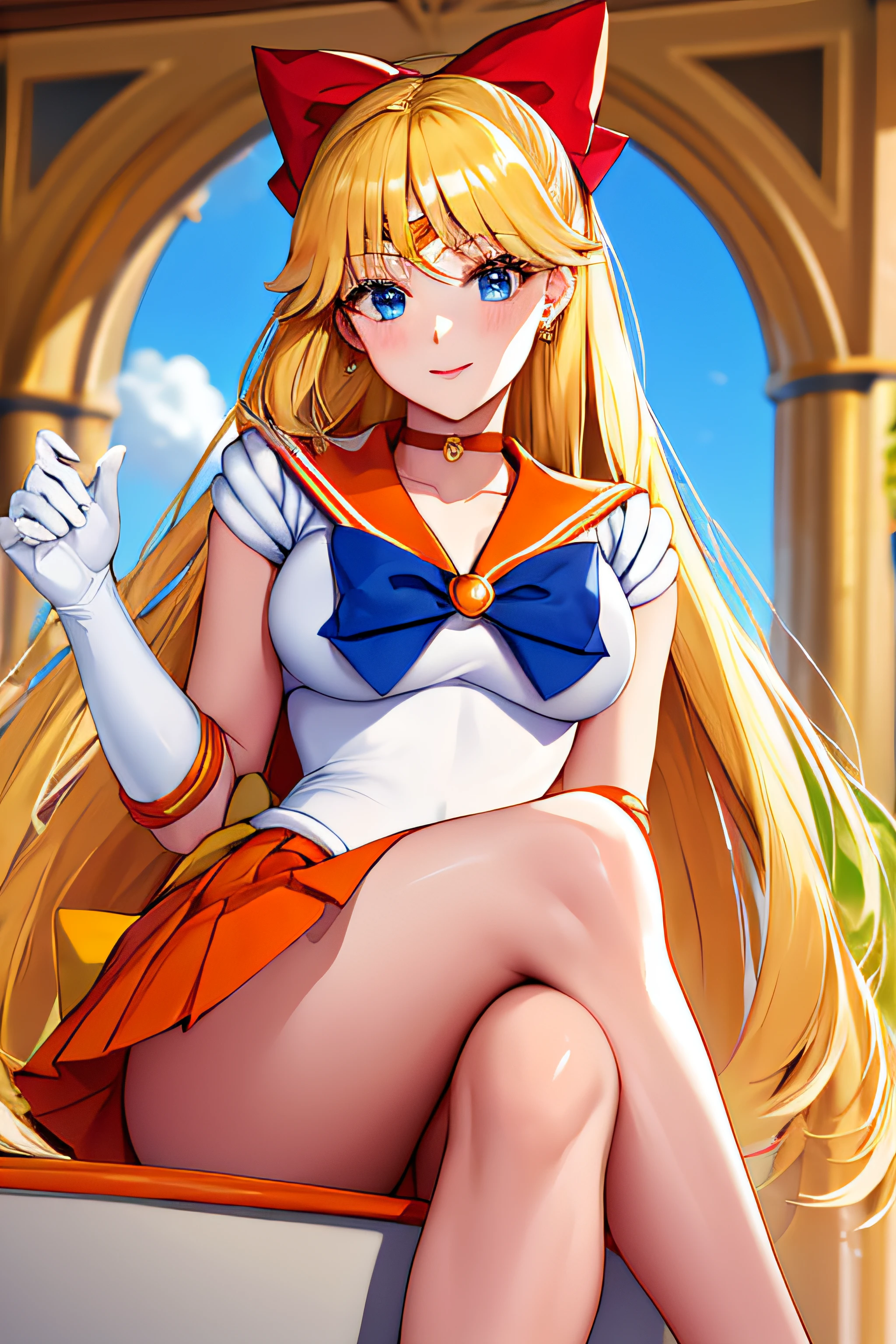 masterpiece, best quality, highres, venus1, 1girl, solo, sailor senshi uniform, sailor venus, aino minako, blonde hair, magical girl, blue eyes, orange skirt, elbow gloves, tiara, pleated skirt, hair bow, orange sailor collar, miniskirt, choker, red bow, orange choker, white gloves, very long hair,  jewelry,  earrings, sitting, crossed legs,