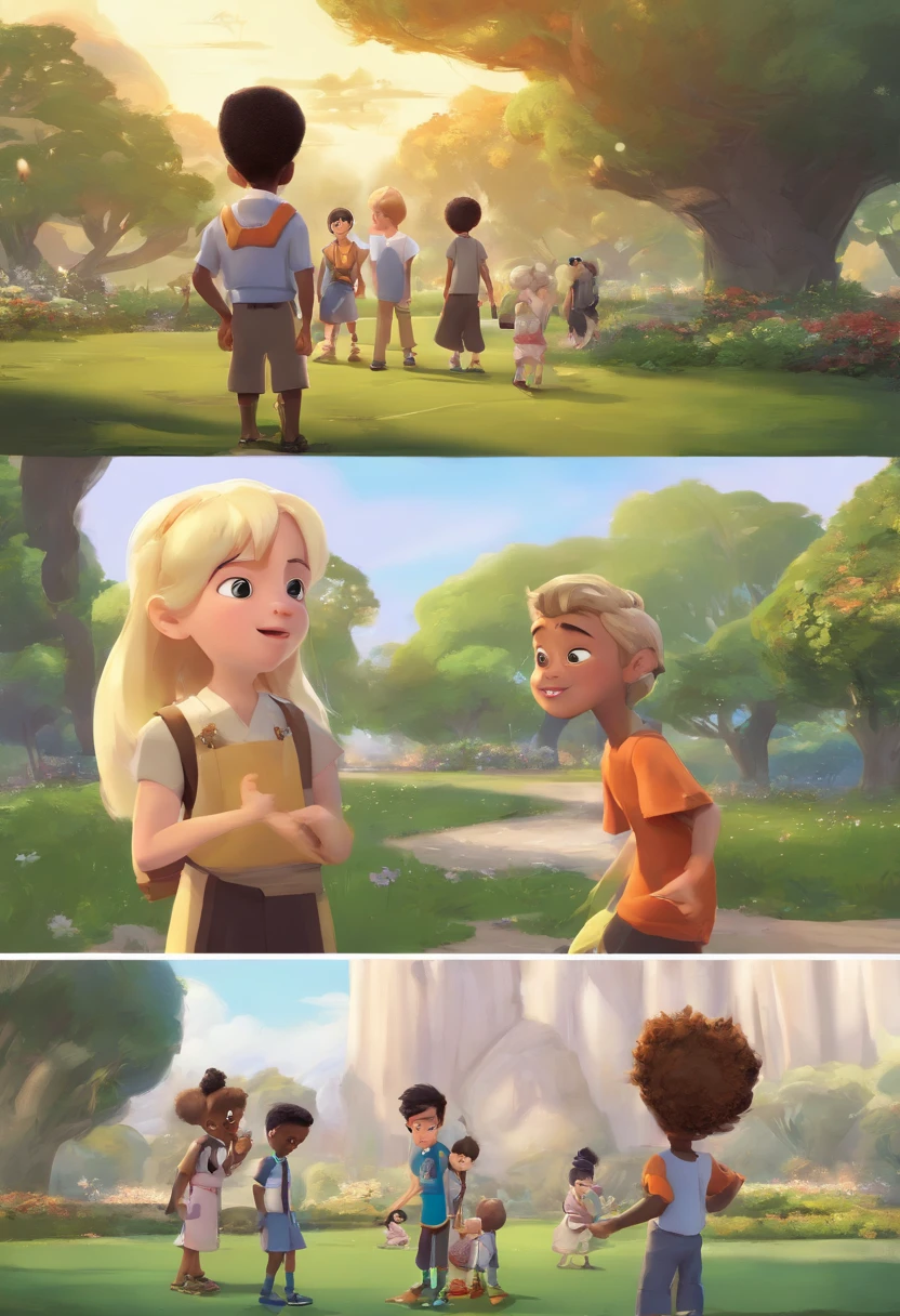 3D, PIXAR style, Disney Pixar Cartoon type B 3 children, ((( japanese boy called Daniel))),(((Sara is a blonde white girl ))) and (((Alex is a black boy))) The 3 children are 7 years characters have the same height, They are in the park talking to each other.