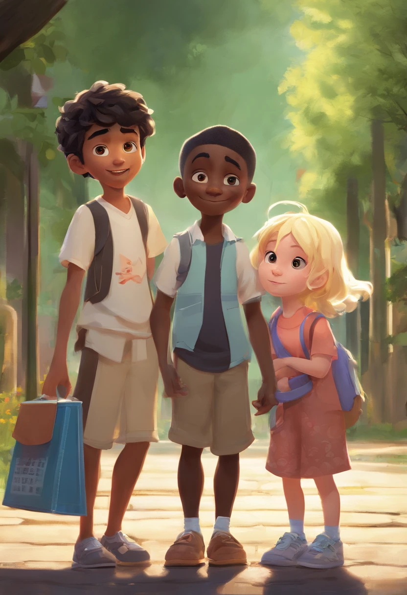 3D, PIXAR style, Disney Pixar Cartoon type B 3 children, ((( japanese boy called Daniel))),(((Sara is a blonde white little girl ))) and (((Alex is a black boy))) The 3 children are 7 years old, the characters have the same height,  They are in the park talking to each other.