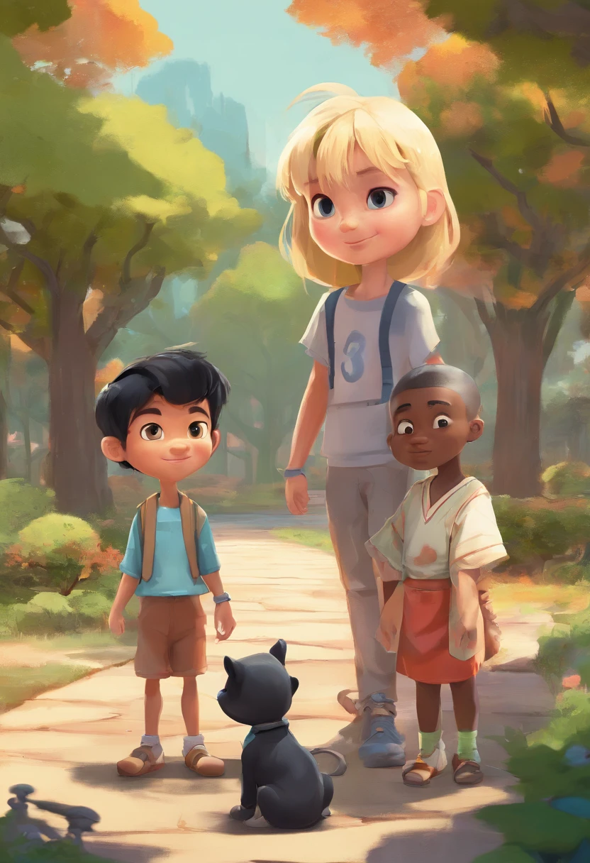 3D, PIXAR style, Disney Pixar Cartoon type B 3 children, ((( japanese boy called Daniel))),(((Sara is a blonde white little girl ))) and (((Alex is a black boy))) The 3 children are 7 years old, the characters have the same height, They are in the park talking to each other.