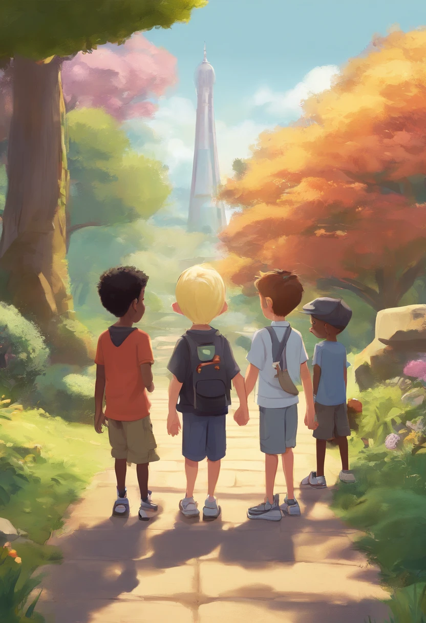 3D, PIXAR style, Disney Pixar Cartoon type B 3 children, ((( japanese boy called Daniel))),(((Sara is a blonde white little girl ))) and (((Alex is a black boy))) The 3 children are 7 years old, the characters have the same height,  They are in the park talking to each other.