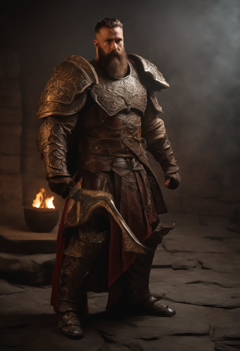 ((fullbody)) shot of a muscular giant ornate armor dotastyle, standing on the slate ground, camera canon d500, portra 200, raw, stern bearded face, a rather large head, veins bulging, wielding a massive weapon, intense battle scars, tattoos, dynamic studio composition, dramatic, studio lighting, battle decor on bg, photo