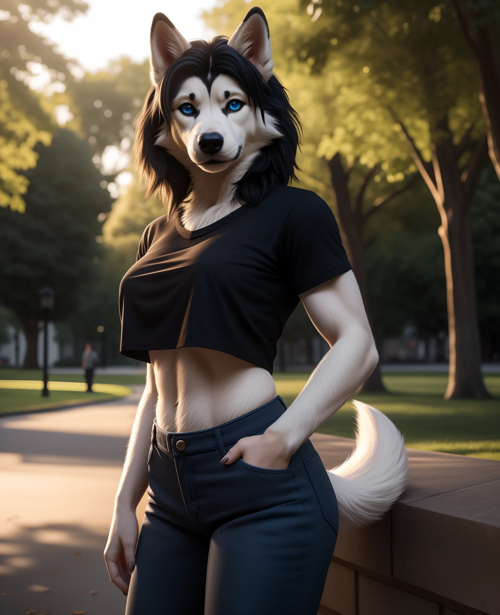 (realistic, photorealistic RAW Photo:1.4), full body image, detailed public park setting, warm lighting, (solo:1.3)
BREAK, facing the viewer, 20 years old, anthro dog husky female with black and white fur, muscular, lean build, long fluffy dog tail, bright blue eyes, small breasts, (short black hair, Monroe bob), blushing, dog snout, dog teeth, fangs, smiling, (realistic fur, hairy fur, wiry hair over body, fur over body, detailed fur texture), (wearing a black t-shirt, wearing blue jeans), large butt, wide hips, paws, claws, pink paw pads