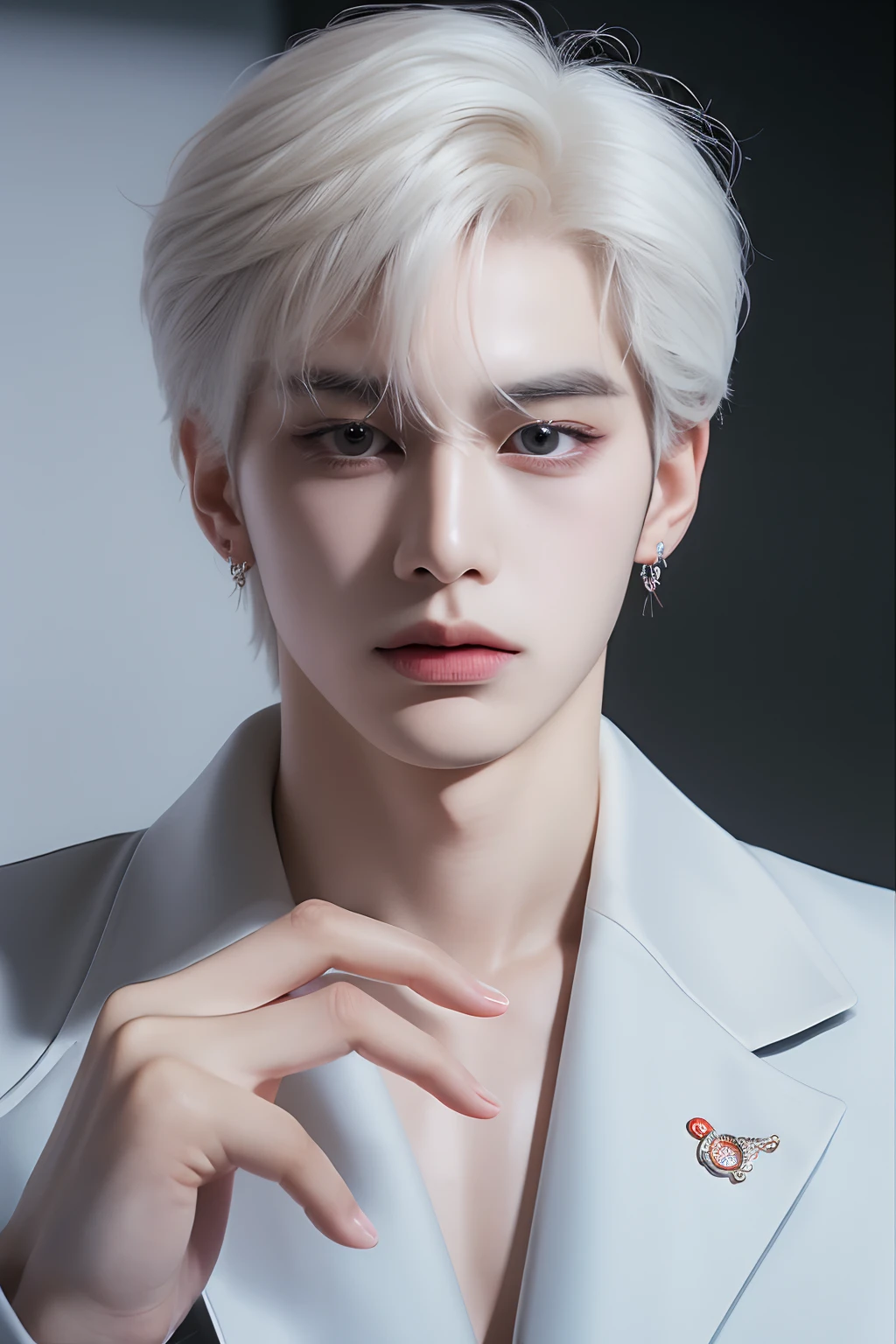 tmasterpiece, topquality, hight resolution, 独奏,open hands,((ulzzang)),((badboy)),sexy expression,the whole body is visible,((the whole body is it in the frame)),((male)),((coat)),(piercing),((sensuality eyes)),((gundam in the background)),((hand poses)),(lens 70mm),((perfect hand)),((white hair))