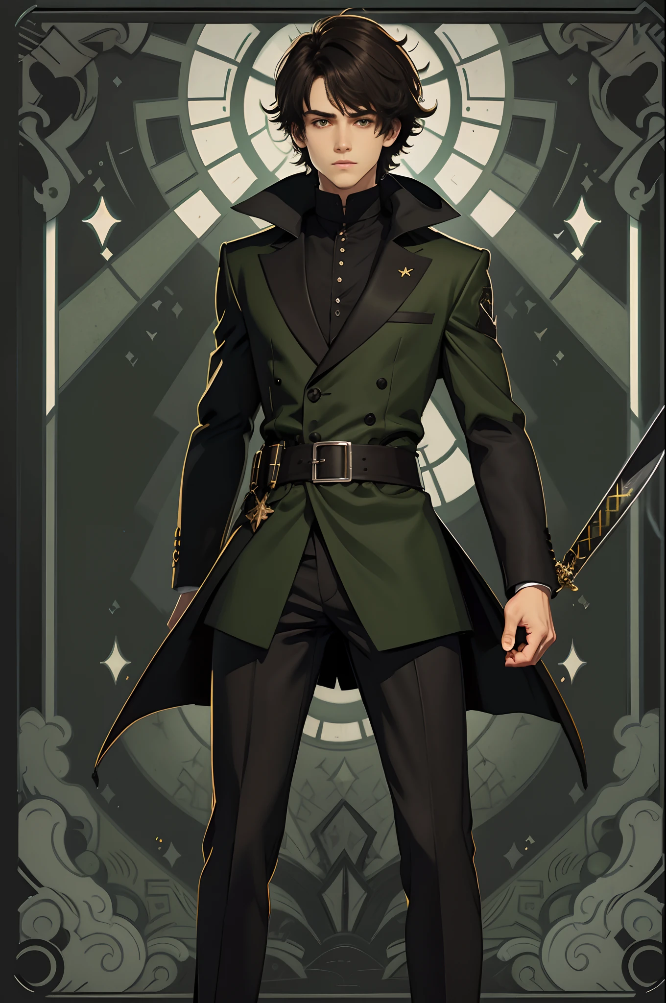 boy,Back Shadow,with short dark brown hair,Green clothes with black accents,sabre,Handsome,quadratic element