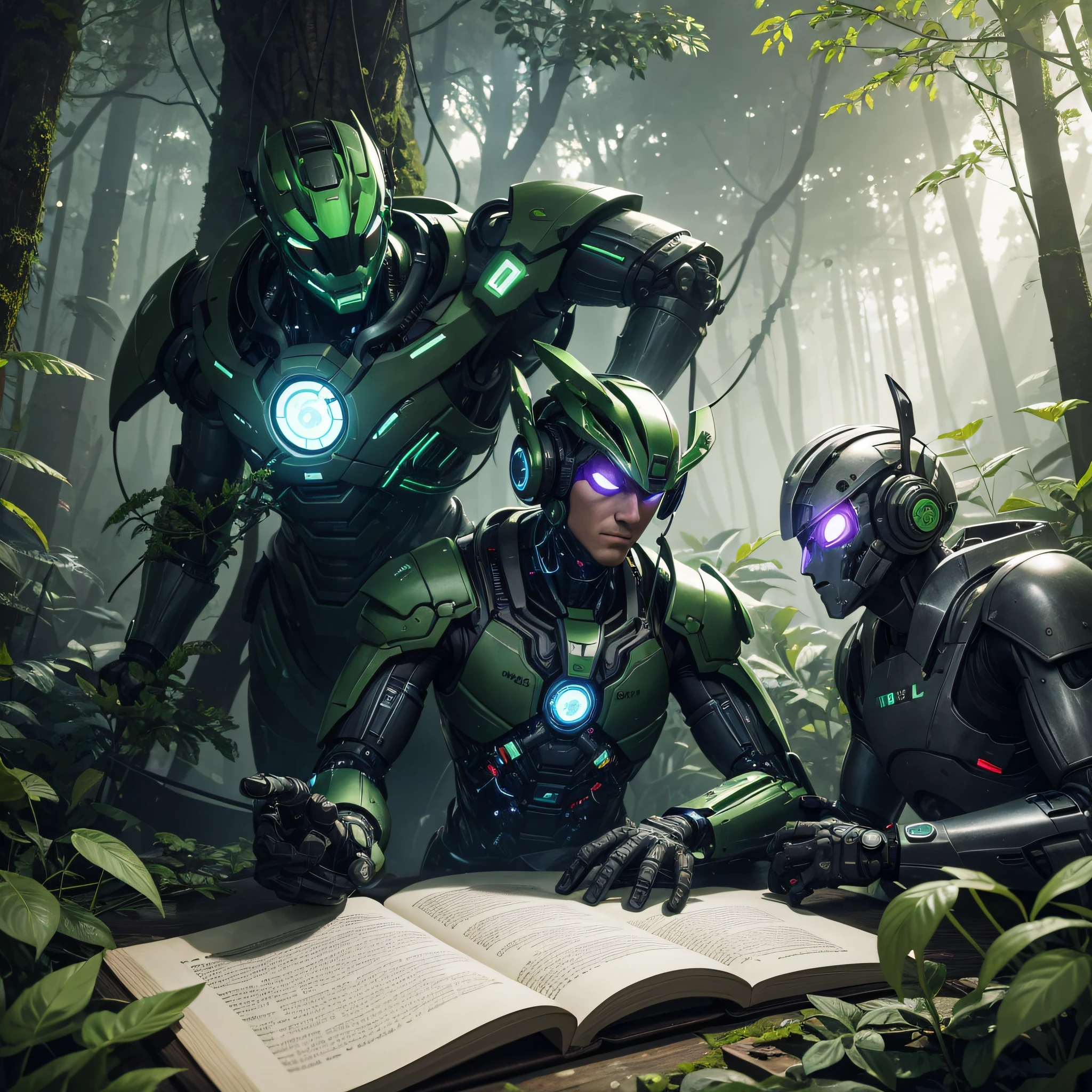 Prompt for an illustration inside the book: "Create an image that shows Verdeel and his cybernetic plant friend working together to solve an environmental puzzle in the middle of the forest."