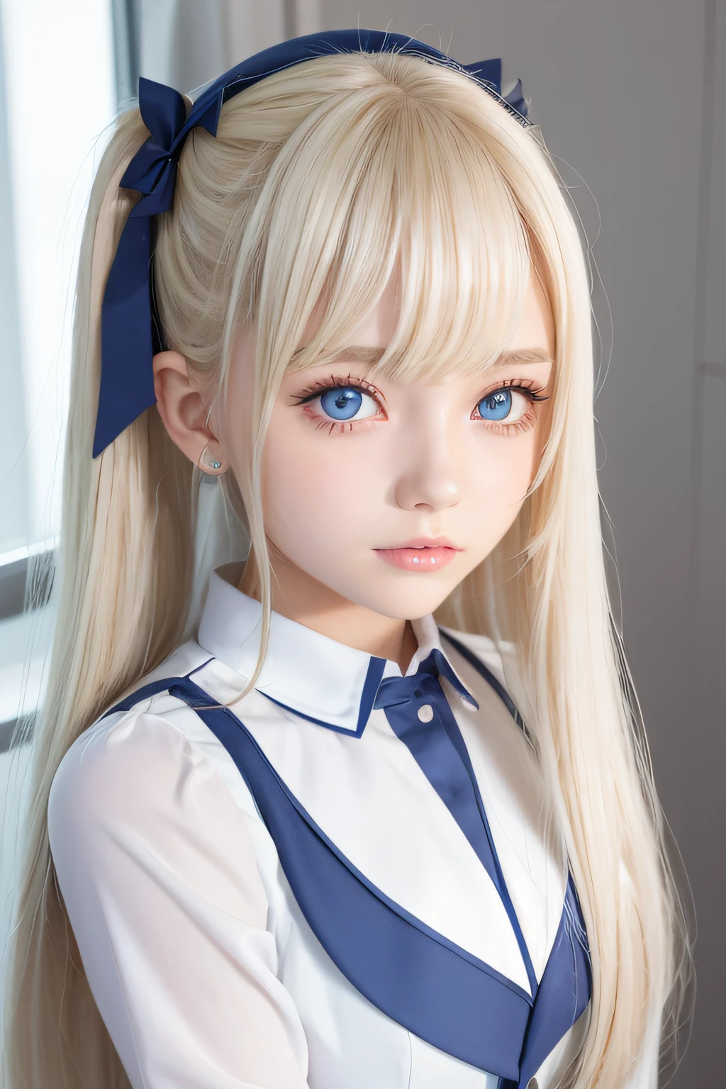 portlate、School Uniforms、bright expression、poneyTail、Young shiny shiny white shiny skin、Best Looks、Blonde reflected light、Platinum blonde hair with dazzling highlights、shiny light hair,、Super long silky straight hair、Beautiful bangs that shine、Glowing crystal clear attractive big blue eyes、Very beautiful nice cute girl、Lush bust