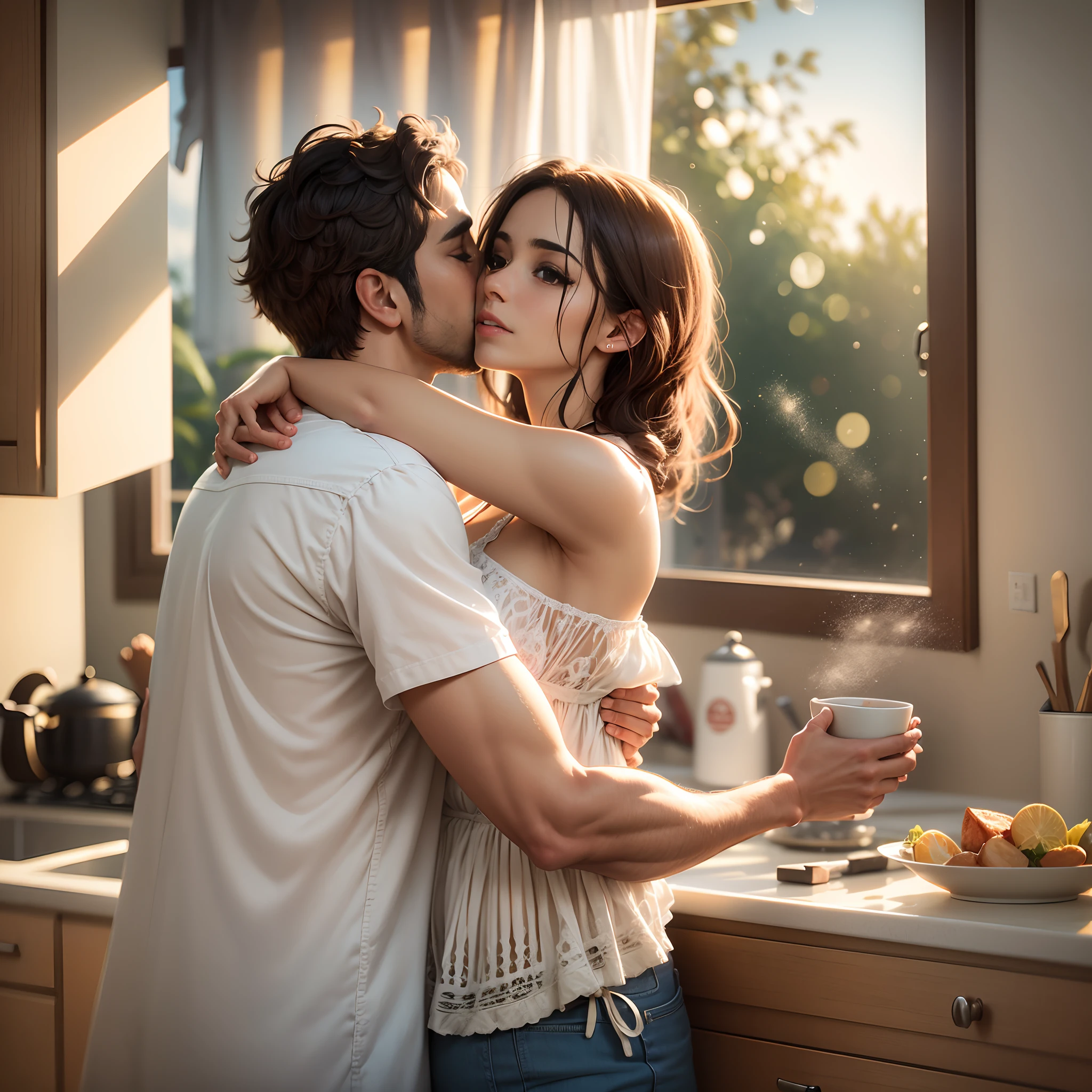 Photography of a Brazilian in love couple in the Kitchen enjoying Morning Sun light come thru Window photorealistic detailed 8k --auto --s2