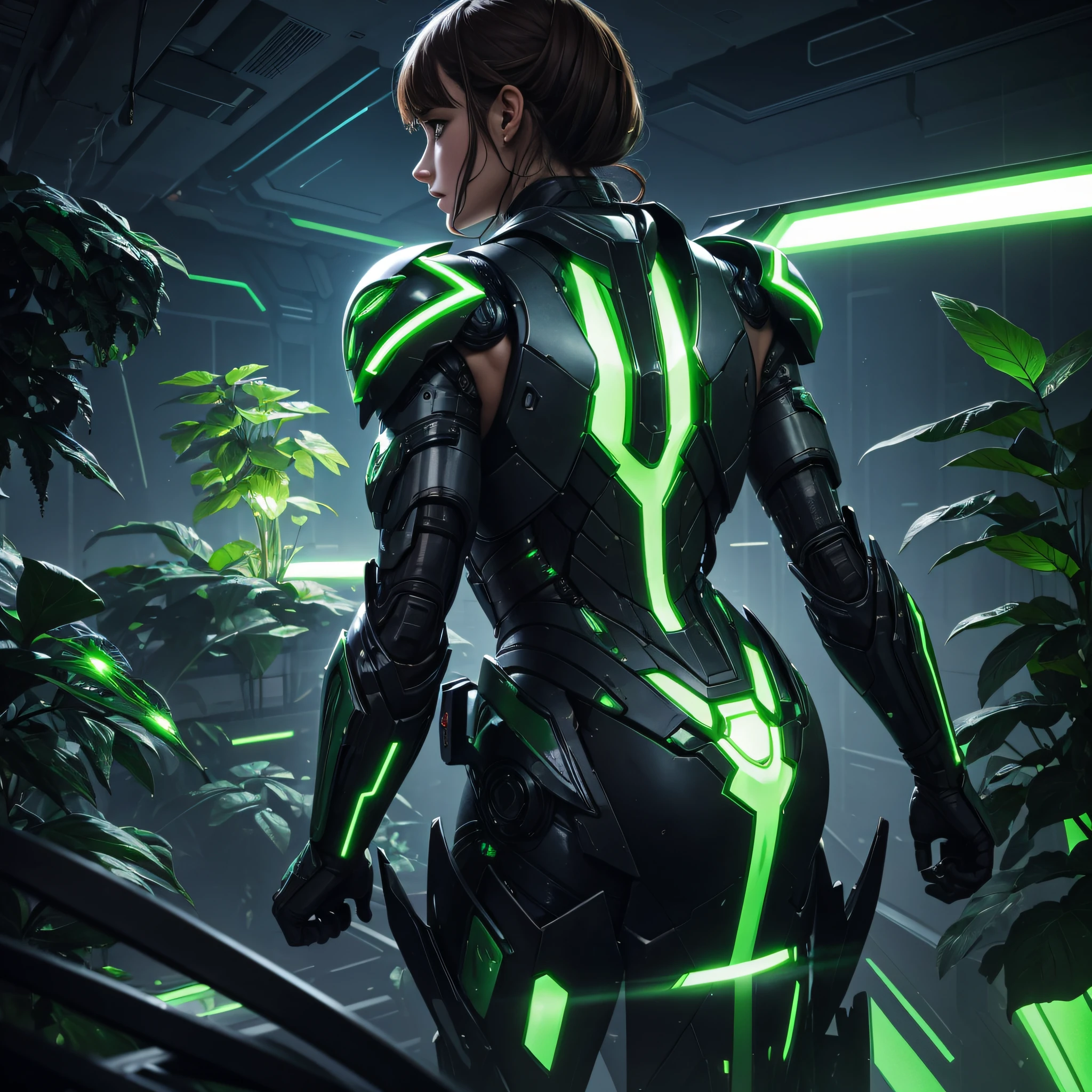 Prompt for back cover illustration: "Illustrious Verdeel touching the cybernetic plant, with green lights spreading and showing the title of the book."
