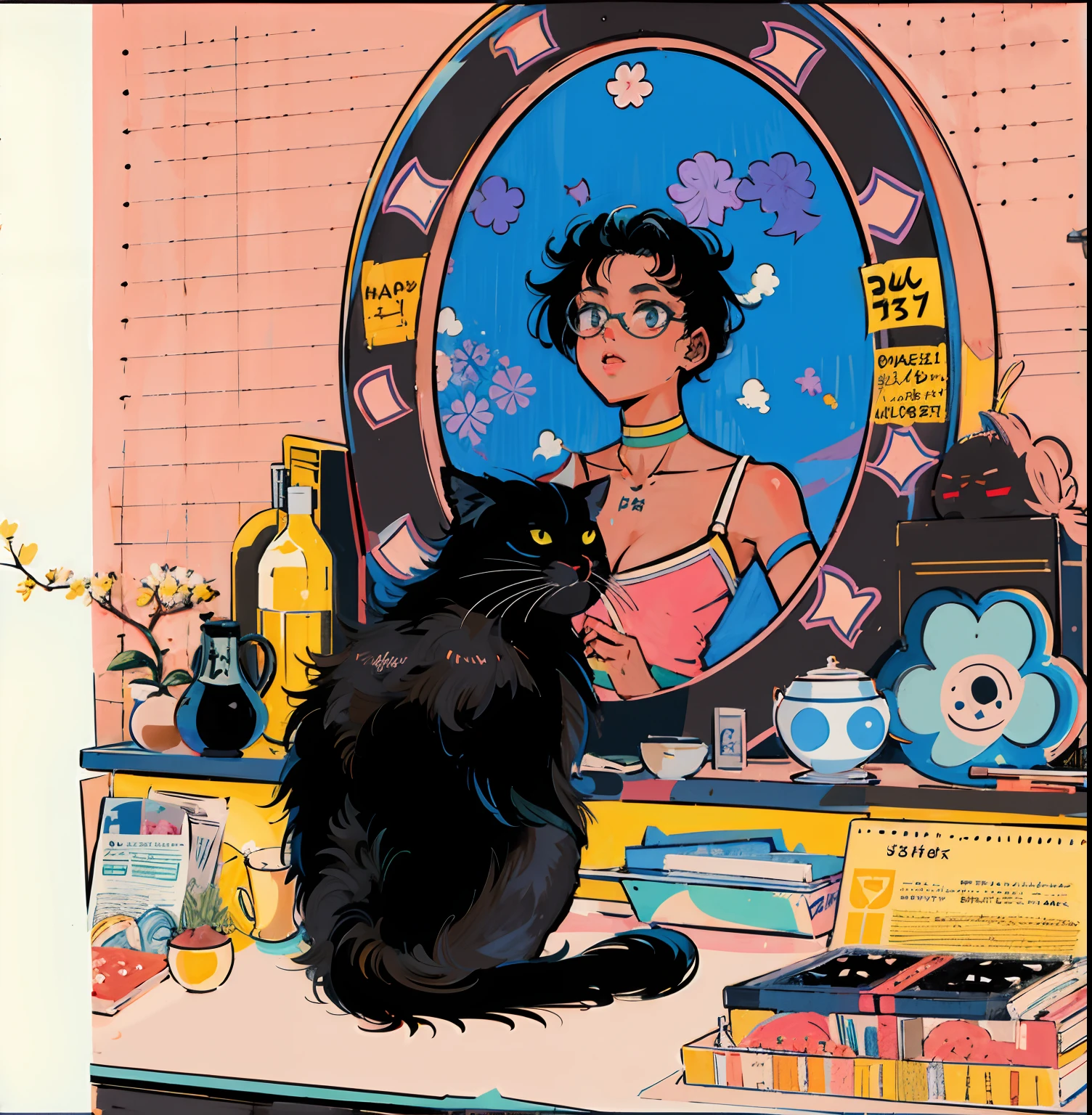 There's a black cat sitting in front of a mirror, com um espelho, Olhar no espelho, Olhar no espelho, Looking androgynous looking man in the mirror, Arte Lofi, inspired by Kanō Takanobu, arte publicada, illustration!, Directed by: Hermione Hammond, Directed by: Winona Nelson, Directed by: Yanagawa Nobusada, Olhar no espelho, beautiful aesthetic art