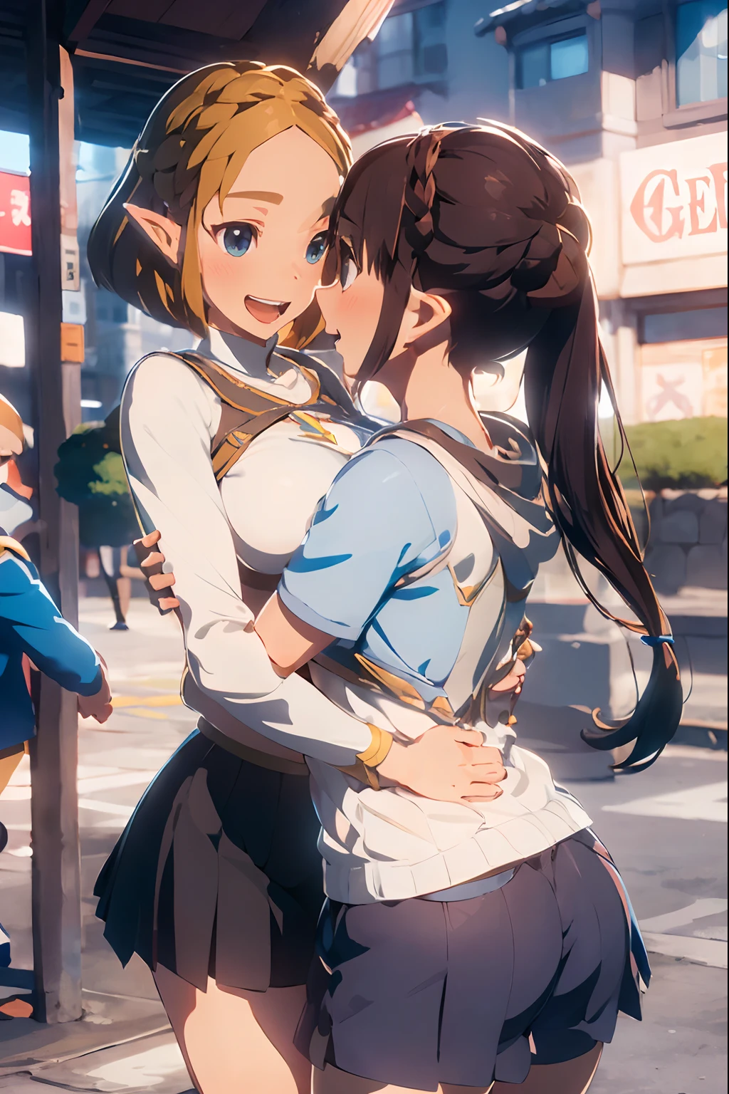 masutepiece, Best Quality, Highly detailed, 1girl in(a short bob, a , Big laugh, zelda\(Princess\), adolable，Large breasts，Soft body), 1boy, Outdoors, hug