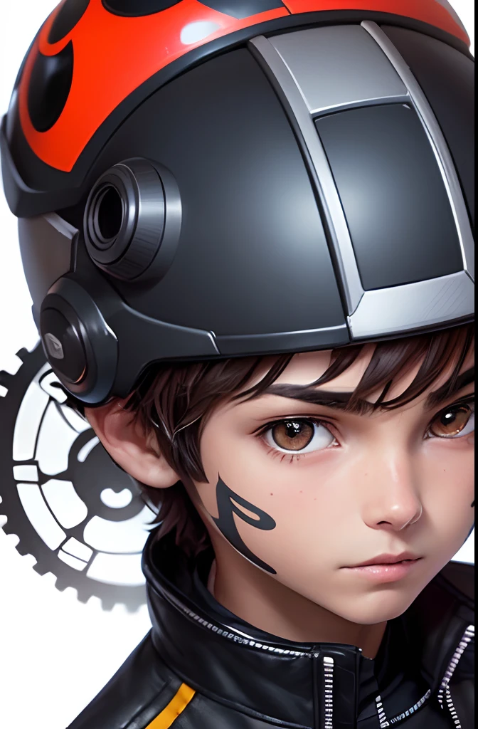 Characters:  boy, short brown hair, black eyes, wearing a helmet with a mechanical style jacket with gears and brown boots, different angles, different perspectives, Miraculous Ladybug style, Character Sheet, white background -- 3:2, Character Styling