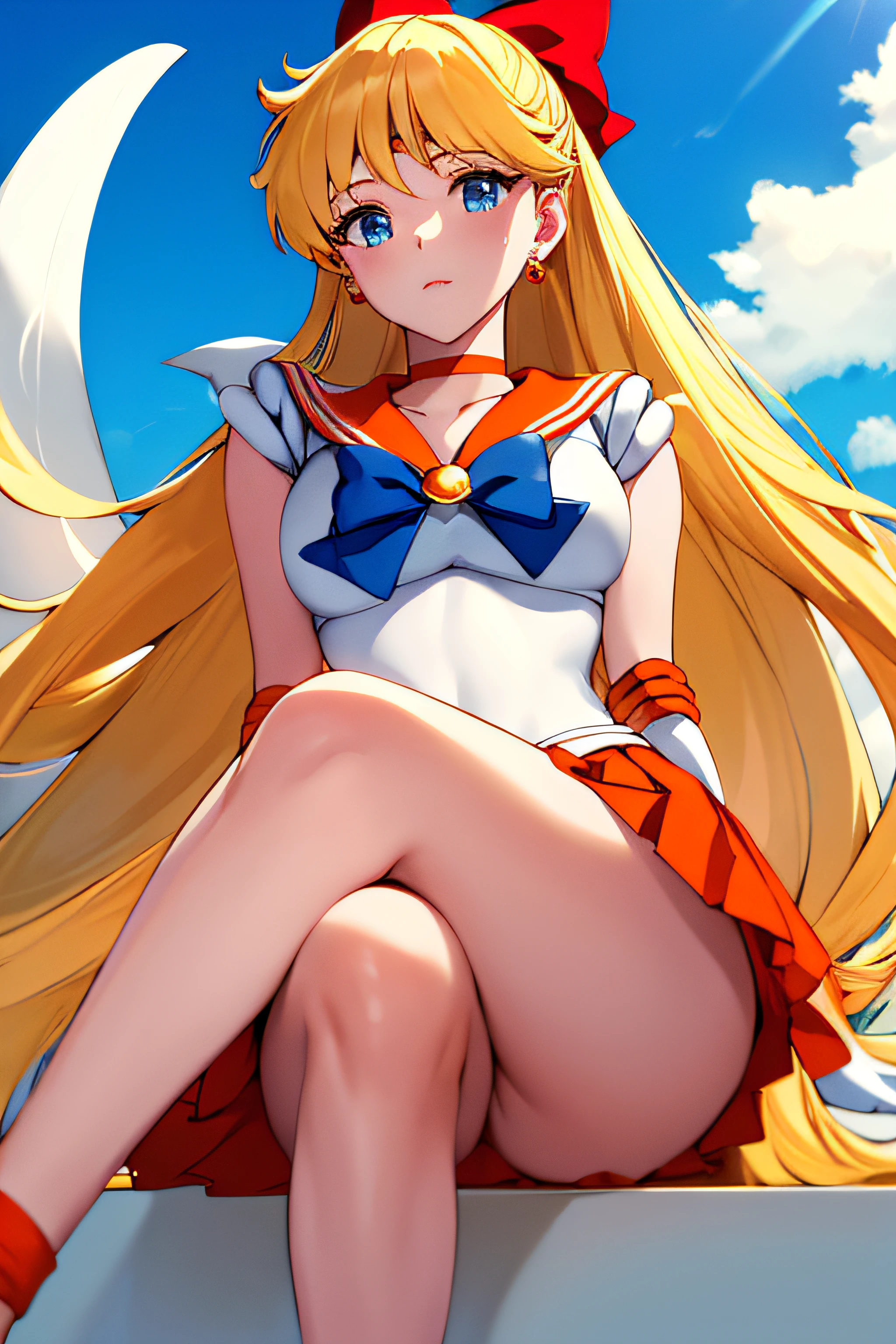 masterpiece, best quality, highres, venus1, 1girl, solo, sailor senshi uniform, sailor venus, aino minako, blonde hair, magical girl, blue eyes, orange skirt, elbow gloves, tiara, pleated skirt, hair bow, orange sailor collar, miniskirt, choker, red bow, orange choker, white gloves, very long hair, jewelry, earrings, sitting, crossed legs,