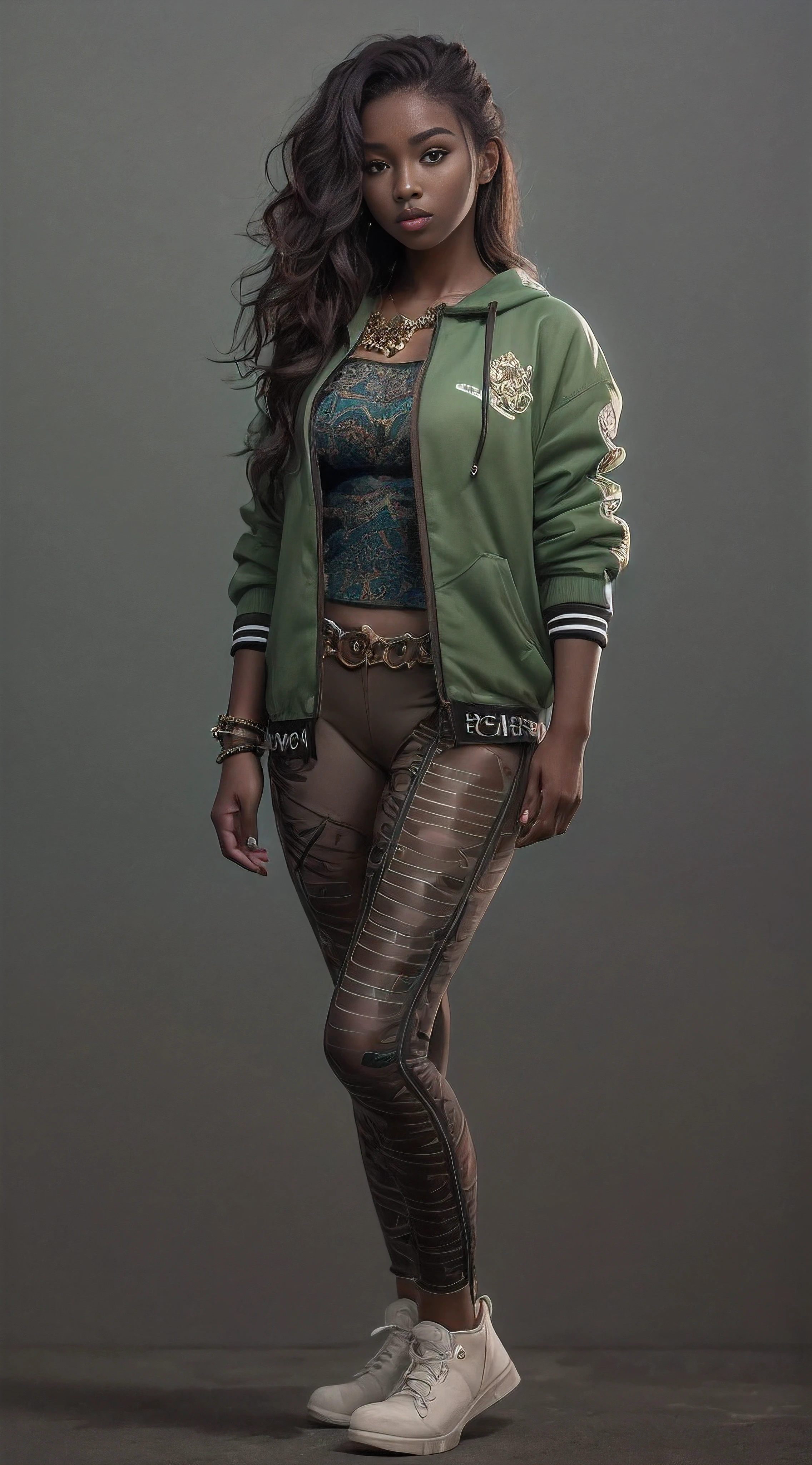 FULL BODY, center portrait, 21-year-old girl, dark skin, Clothing style comfortable, Hyper-realistic, full body portrait, long brown hair, clothes: green, sharp focus, cinematic lighting, highly detailed, intricate details, plain brown background
