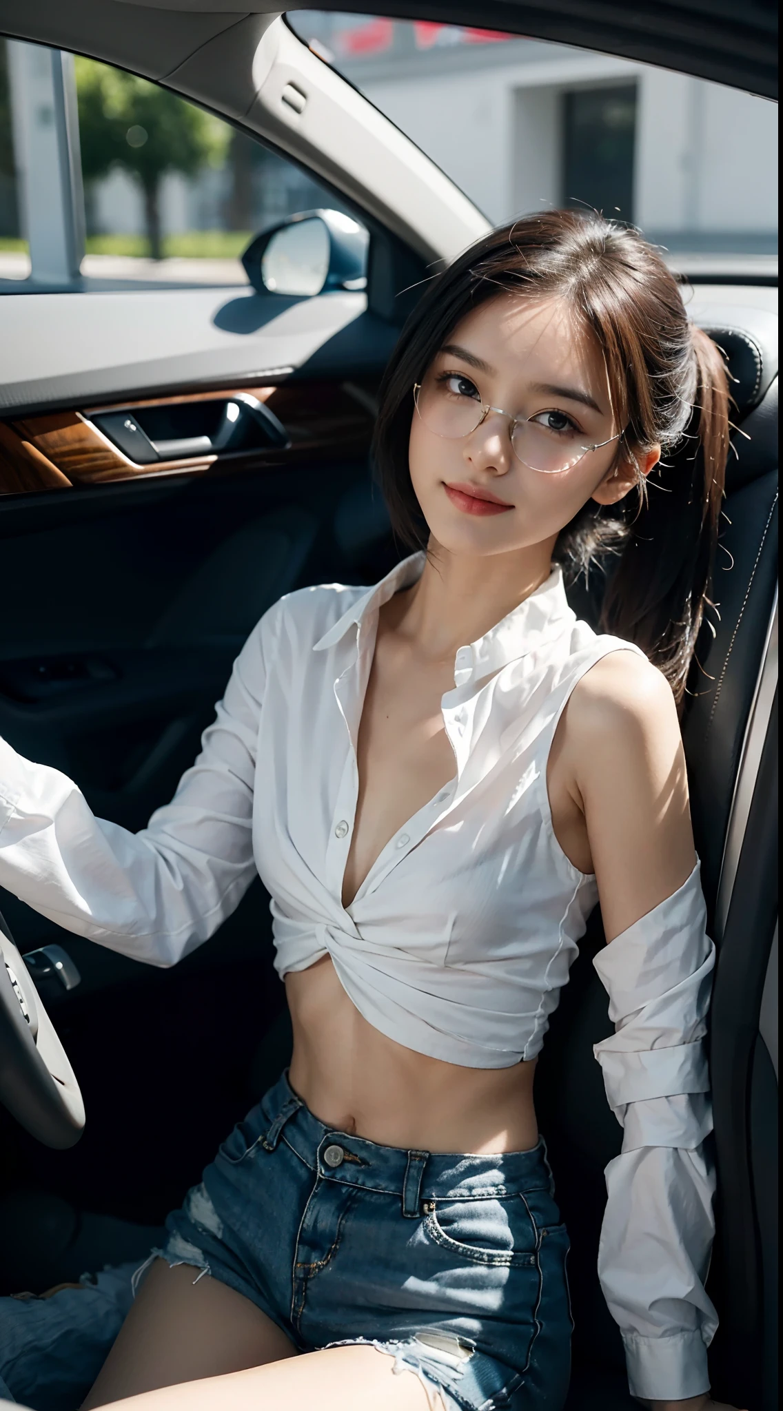 ((Small underboob)), (shoulder-length straighthair: 1.2), Black hair,Short ponytail，Upper body, （Extremely meticulous CG 8k wallpaper），（Extremely refined and beautiful），（Masterpiece），（best qualtiy：1.0），（Ultra High Resolution：1.0），beautiful light up，Perfect lightning，realistic shaded，[A high resolution]，Smooth and flawless fair skin，Extremely exquisite facial details，（perfect body：1.1），ultra - detailed，A beautiful girl，small head，(Small breasts:1.1)，Flat chests，slim，thin，Smile，cheerfulness，（white collared long sleeved shirt:1.1），（blue shorts：1.1），White sneakers，Summer，Morning，sitting in a spacious private car，A female driver，Place hands on the steering wheel，driving car，Wearing glasses, looking forward，Close Shot，