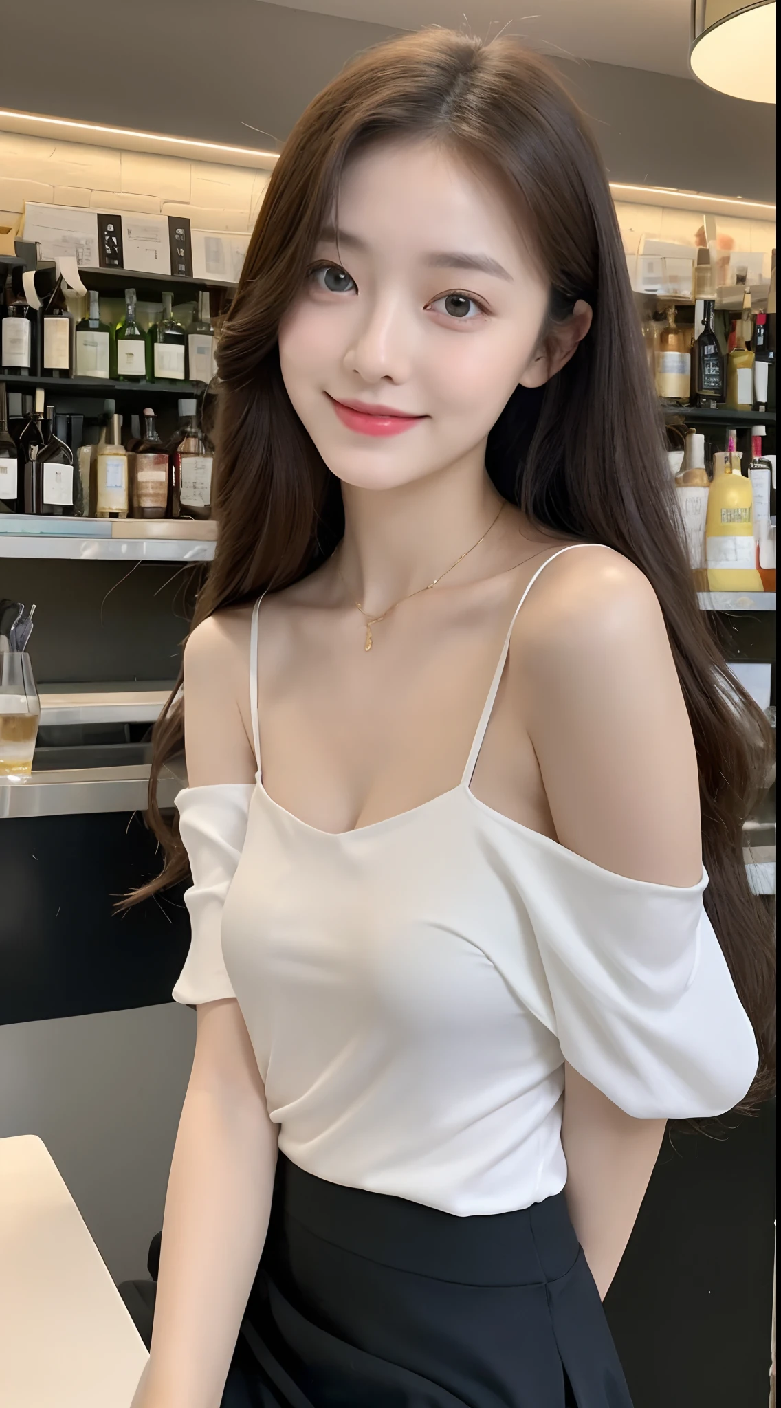 A superb exquisite real beautiful girl, golden long curly hair, extremely exquisite facial features, peerless beautiful girl, collarbone off-the-shoulder, white crop top shirt, black JK skirt, exposed legs, sweet smile, soft, dreamy quality, light white and dark brown, exaggerated facial features, solid color, frank off-white, surreal, blue gemstone necklace, ultra-clear, beautiful young girl, cute and lively, super short leggings, background at the bar counter