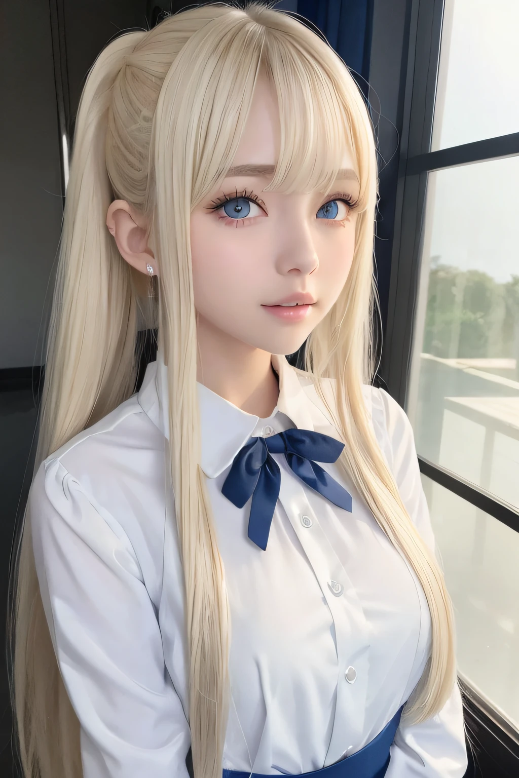 portlate、School Uniforms、bright expression、poneyTail、Young shiny shiny white shiny skin、Best Looks、Blonde reflected light、Platinum blonde hair with dazzling highlights、shiny light hair,、Super long silky straight hair、Beautiful bangs that shine、Glowing crystal clear attractive big blue eyes、Very beautiful nice cute girl、Lush bust