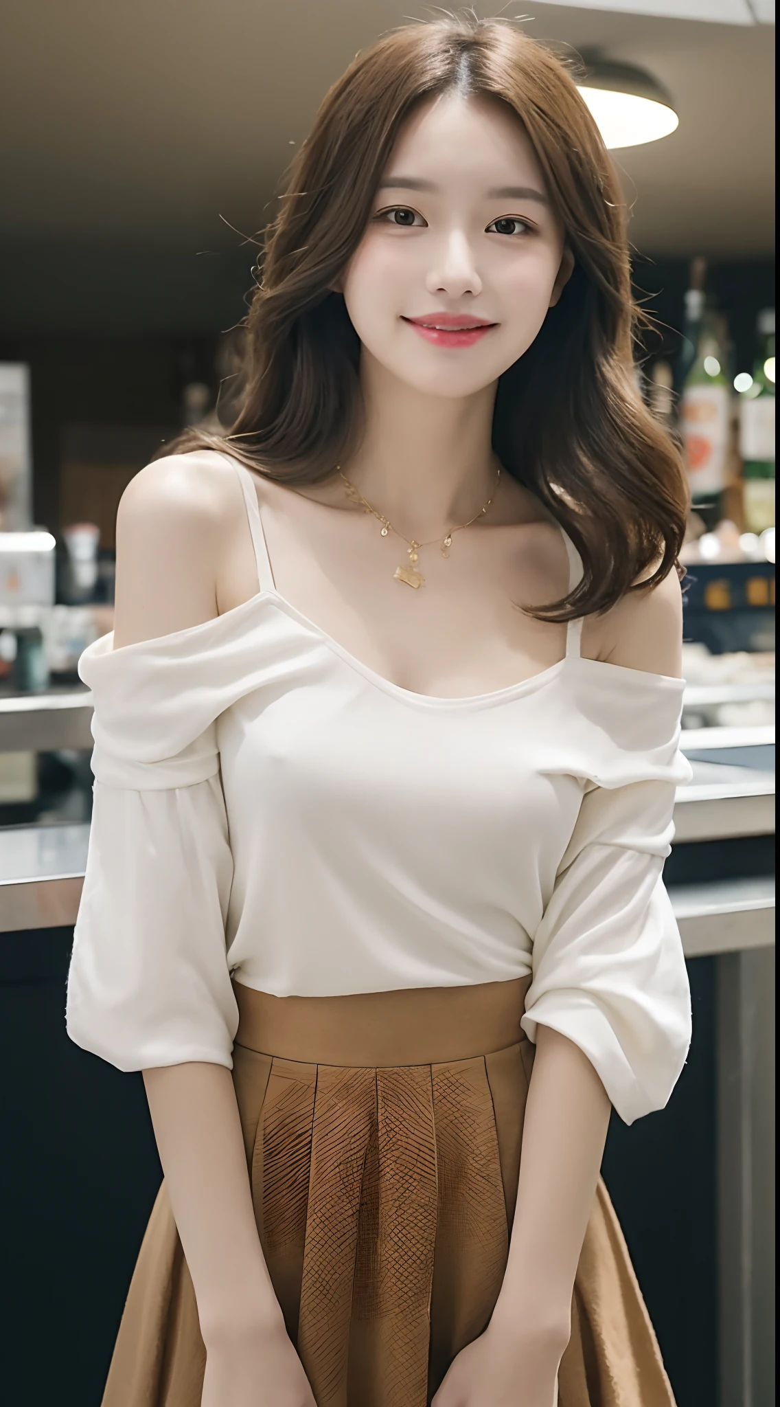 A superb exquisite real beautiful girl, golden long curly hair, extremely exquisite facial features, peerless beautiful girl, collarbone off-the-shoulder, white crop top shirt, black JK skirt, exposed legs, sweet smile, soft, dreamy quality, light white and dark brown, exaggerated facial features, solid color, frank off-white, surreal, blue gemstone necklace, ultra-clear, beautiful young girl, cute and lively, super short leggings, background at the bar counter