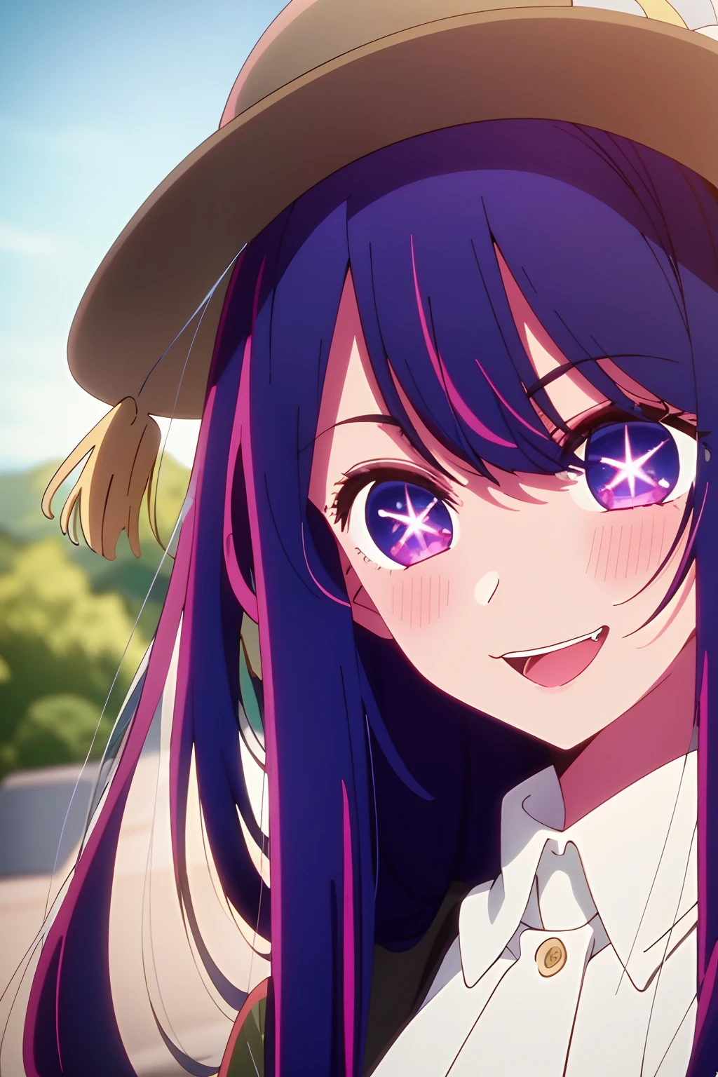 Anime girl with purple eyes and a hat on - SeaArt AI
