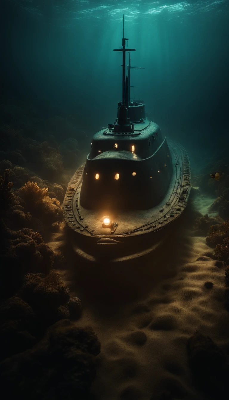 realistic submarine exploring the seabed with kraken in the shadows