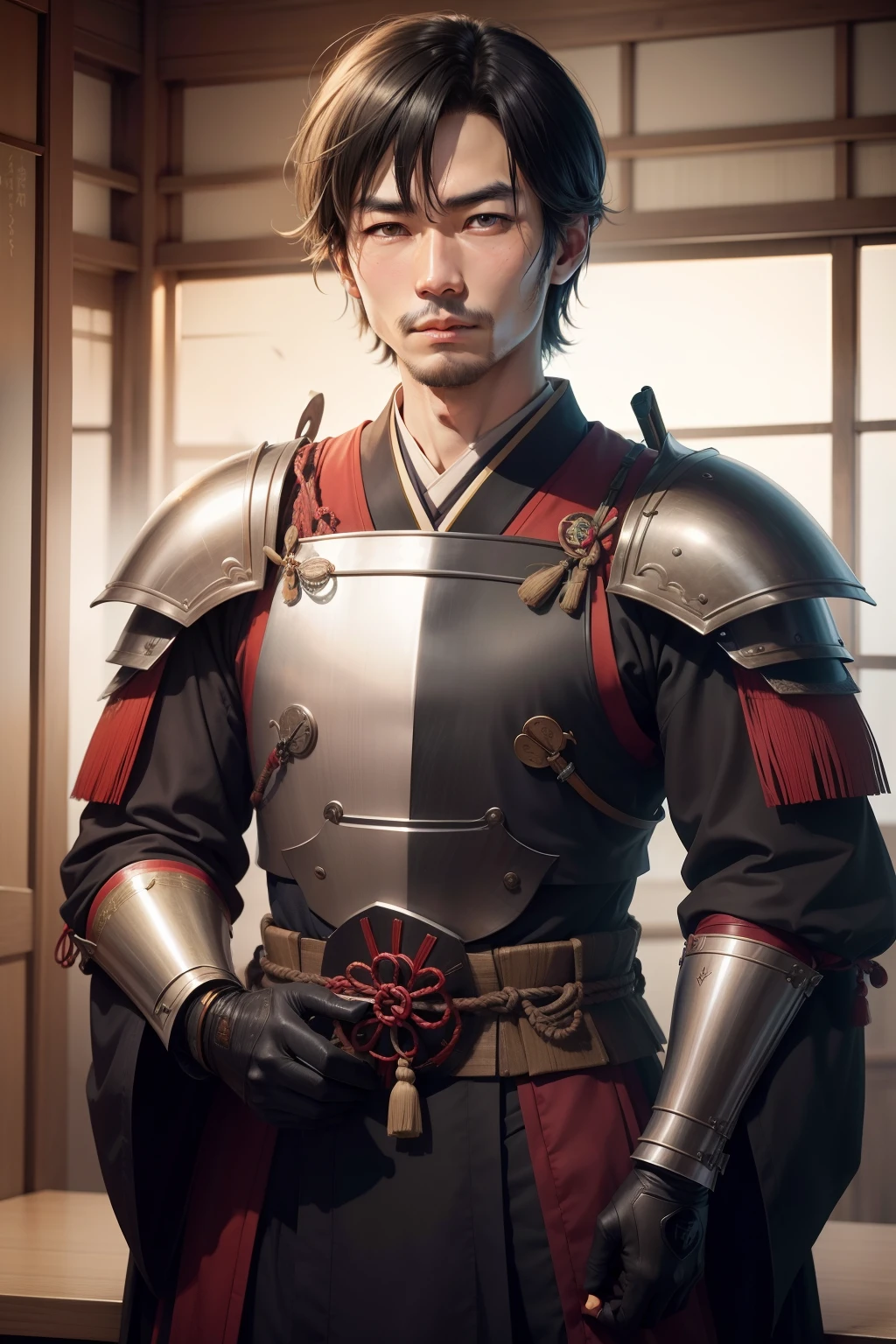 jpn、Warring states period、Yashiro Ohga、Stubble、Poor physiognomy。The armor you are wearing is dirty。Single Picture。Writing a letter