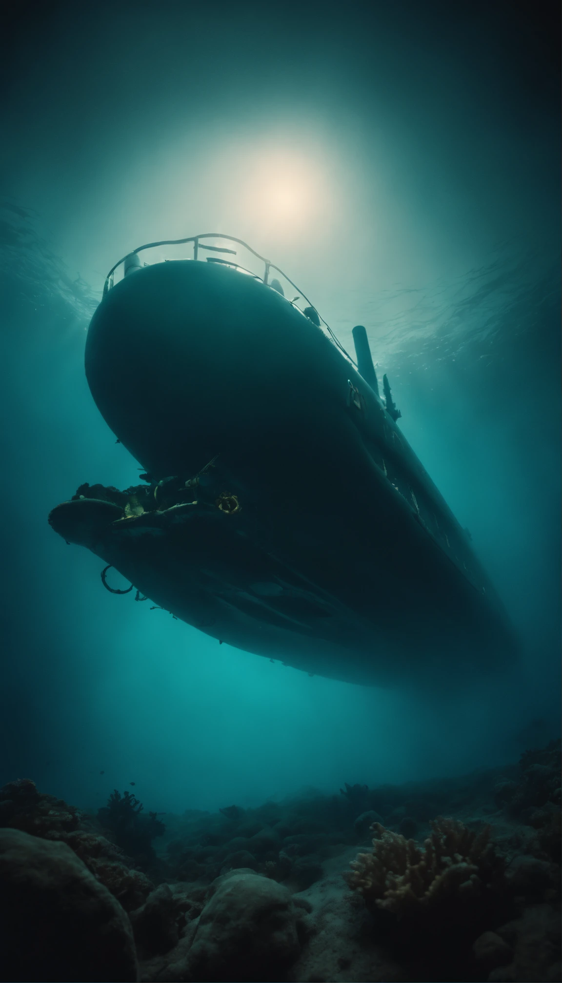 realistic submarine exploring the seabed with kraken in the shadows