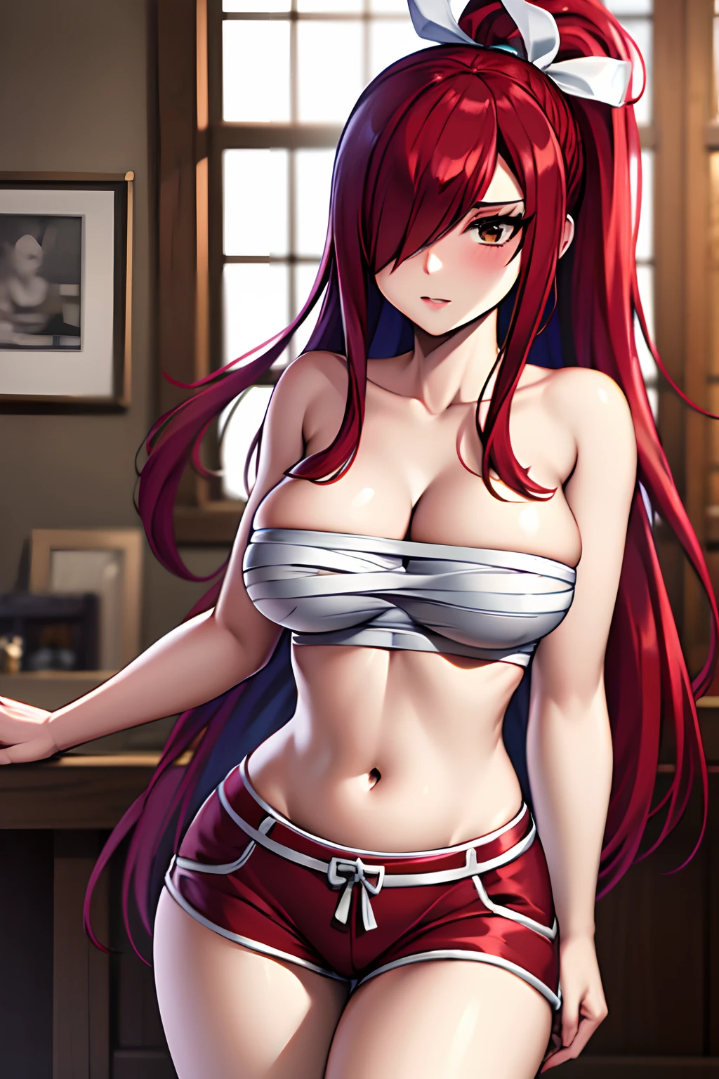 masterpiece, best quality, highres, fairy tail, 1girl, long hair, red hair, ponytail, white ribbon, hair over one eye, brown eyes, large breasts, collarbone, chest sarashi, bandage, bare arms, midriff, red hakama, red mini shorts, cowboy shot, indoors, standing,full body