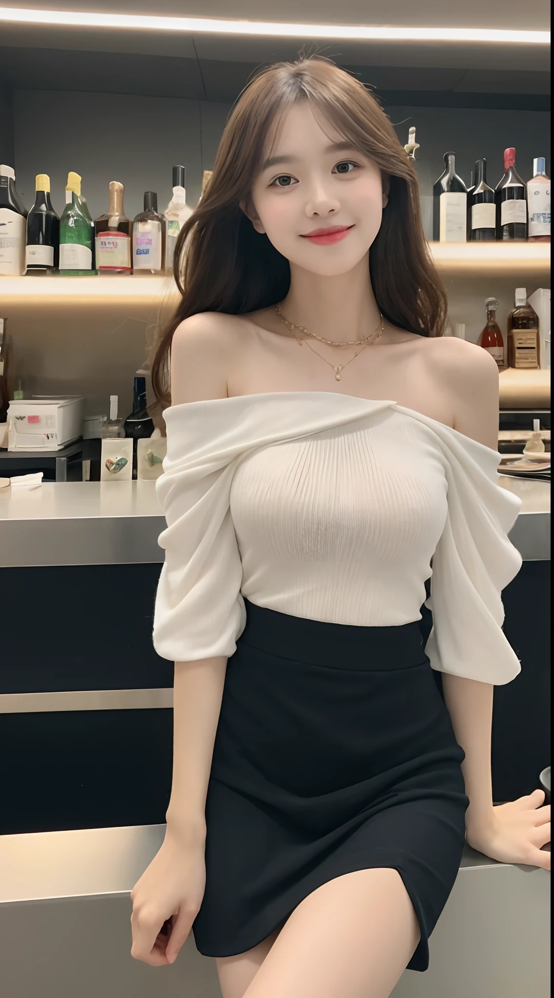 A superb exquisite real beautiful girl, golden long curly hair, extremely exquisite facial features, peerless beautiful girl, collarbone off-the-shoulder, white crop top shirt, black JK skirt, exposed legs, sweet smile, soft, dreamy quality, light white and dark brown, exaggerated facial features, solid color, frank off-white, surreal, blue gemstone necklace, ultra-clear, beautiful young girl, cute and lively, super short leggings, background at the bar counter
