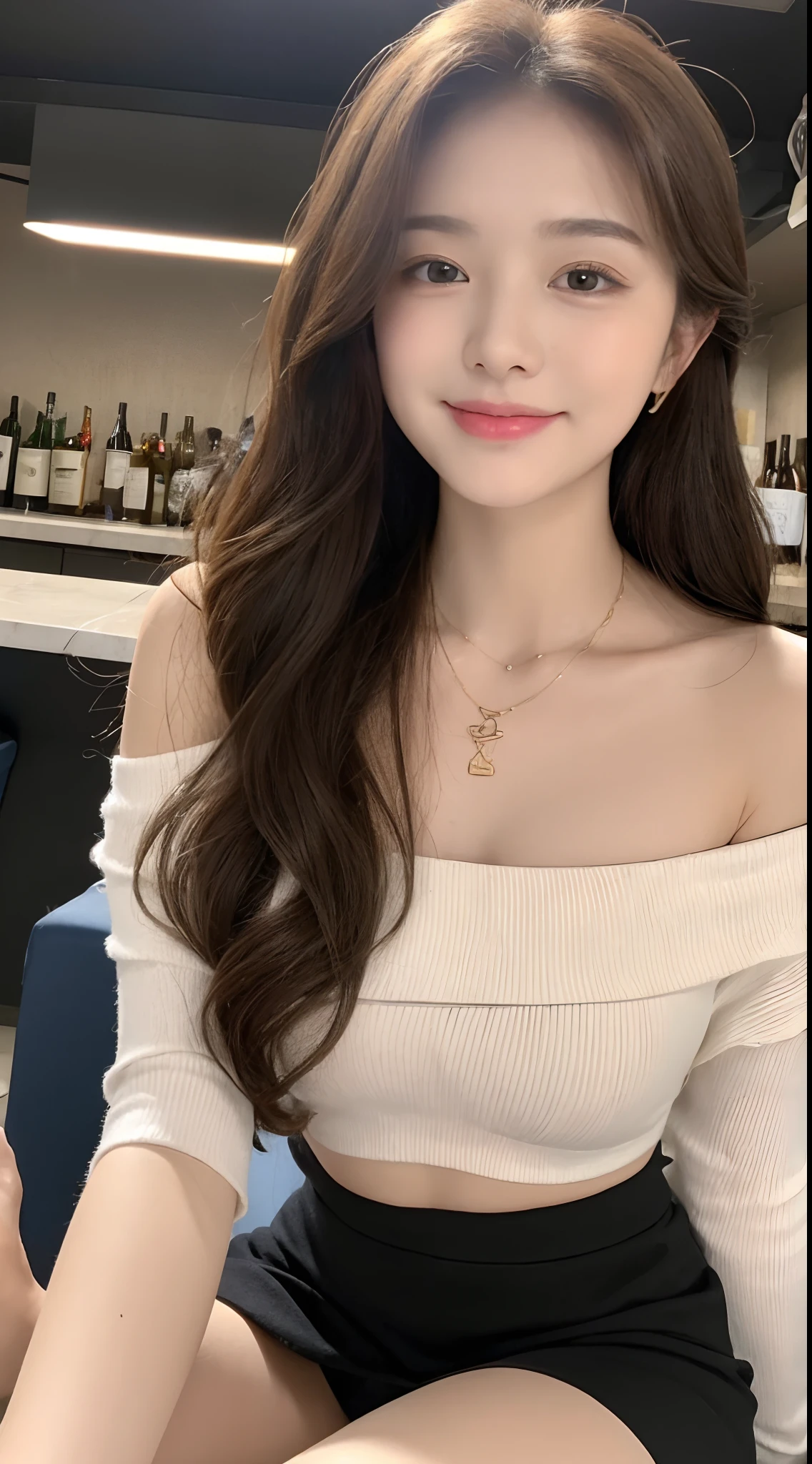 A superb exquisite real beautiful girl, golden long curly hair, extremely exquisite facial features, peerless beautiful girl, collarbone off-the-shoulder, white crop top shirt, black JK skirt, exposed legs, sweet smile, soft, dreamy quality, light white and dark brown, exaggerated facial features, solid color, frank off-white, surreal, blue gemstone necklace, ultra-clear, beautiful young girl, cute and lively, super short leggings, background at the bar counter