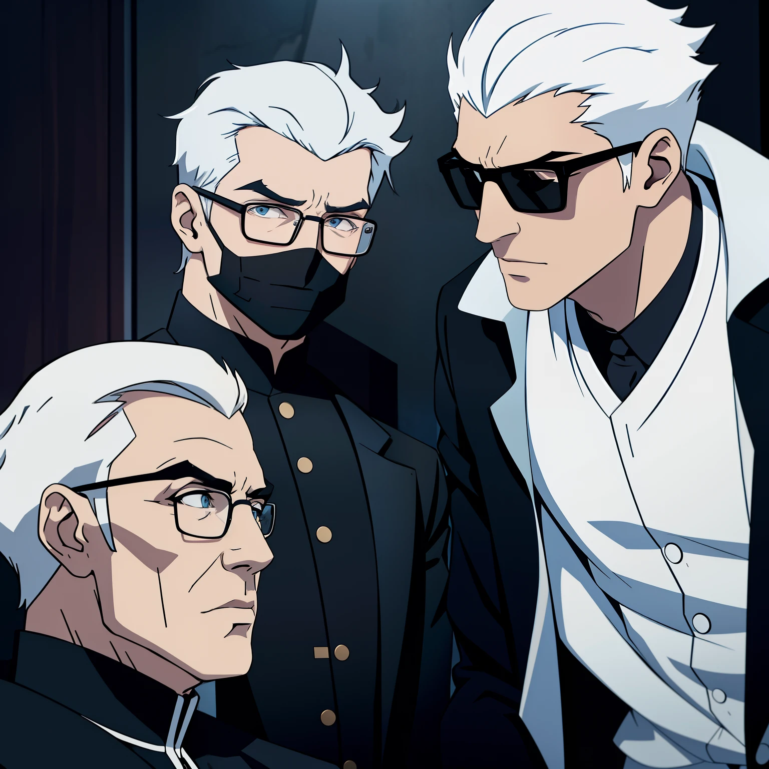 White haired man with black jacket and black glasses