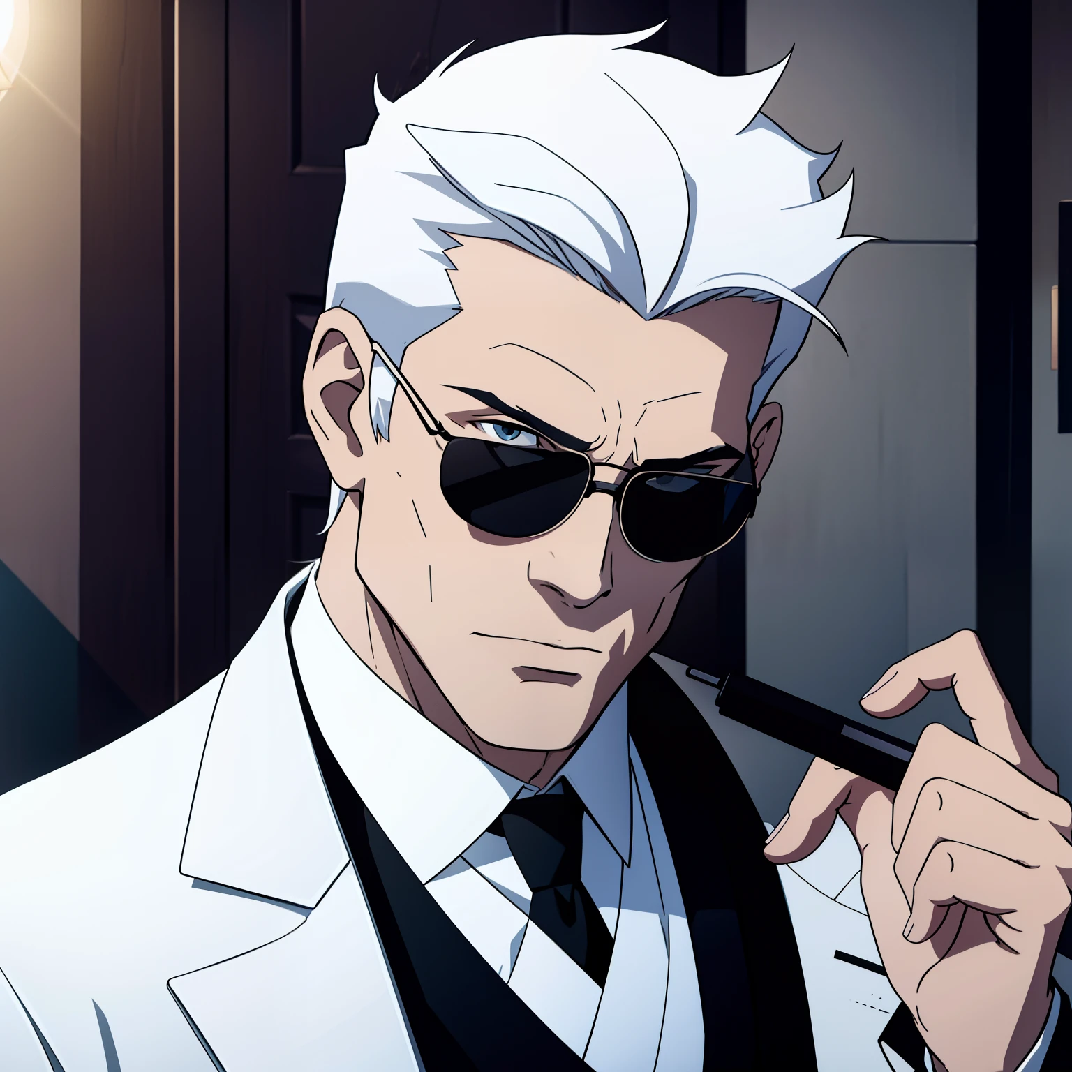 White haired man with black jacket and black glasses