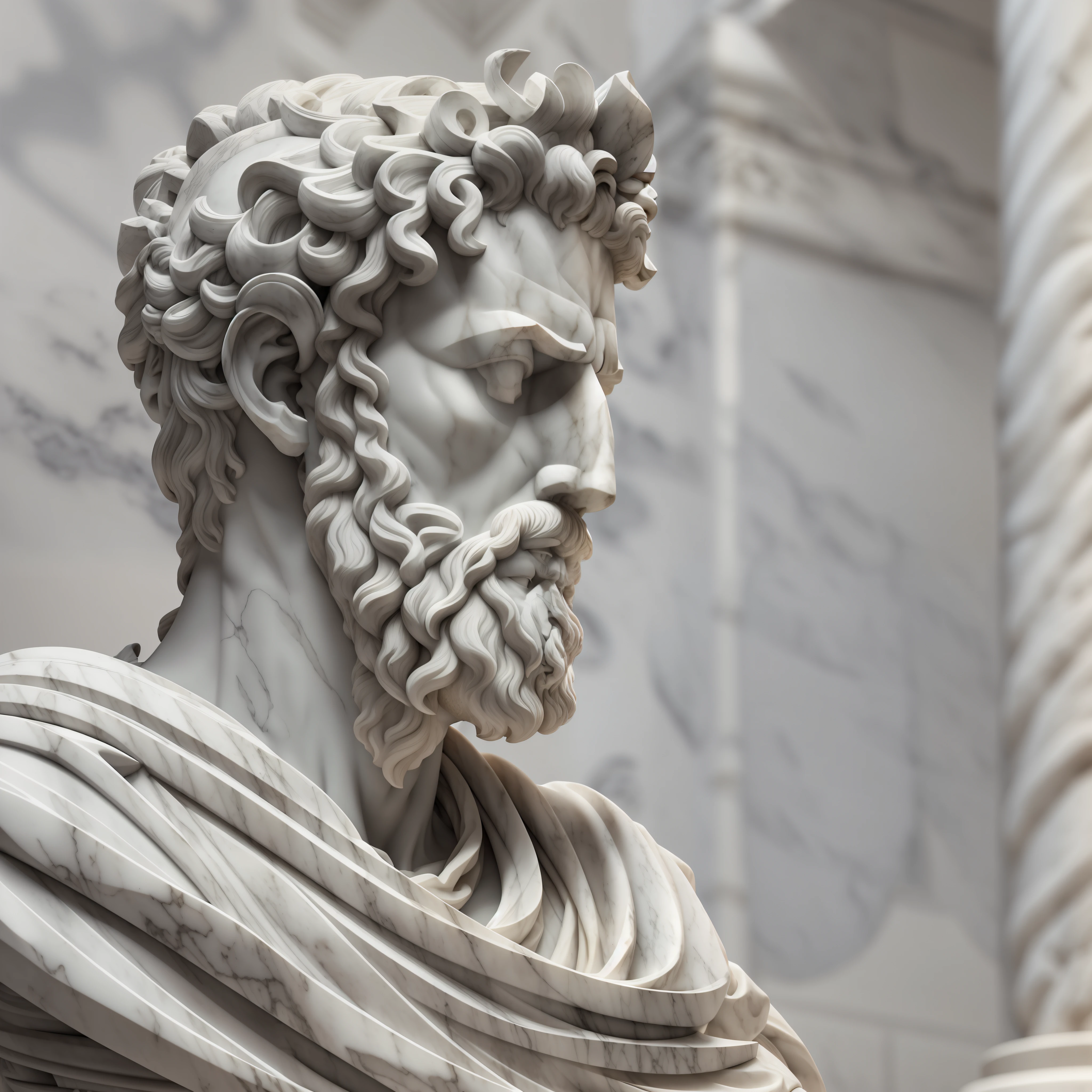 A realistic Greek white marble statue of Marcus Aurelius thoughtful detailed wearing a ghostly toga, fundo neutro, Moody, , fotorrealista, thoughtful movie dinner, super detalhada, hiper realista, luzes brilhantes, 8 K
