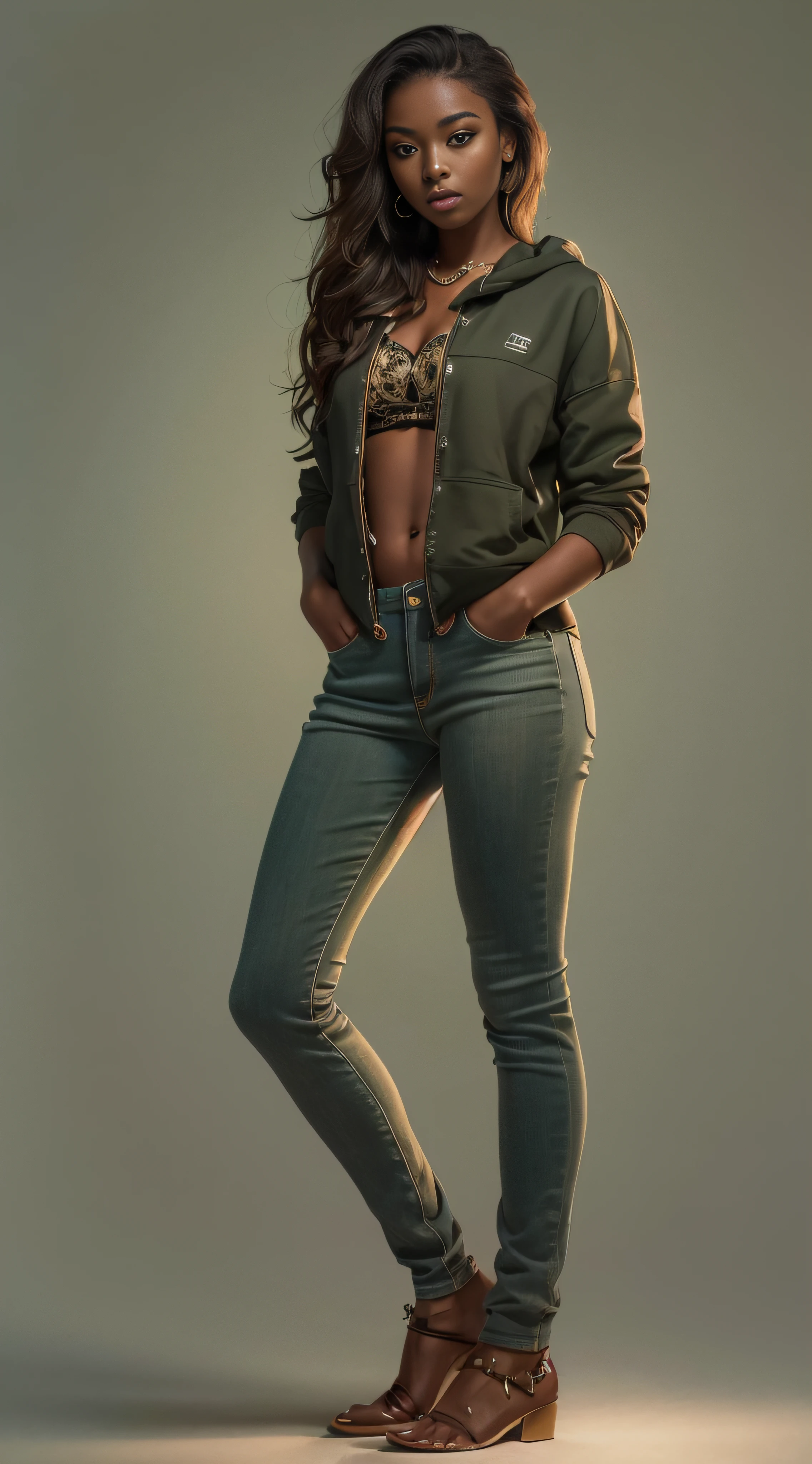 FULL BODY, center portrait, 21-year-old girl, dark skin, Clothing style comfortable, Hyper-realistic, full body portrait, long brown hair, clothes: green, sharp focus, cinematic lighting, highly detailed, intricate details, plain brown background