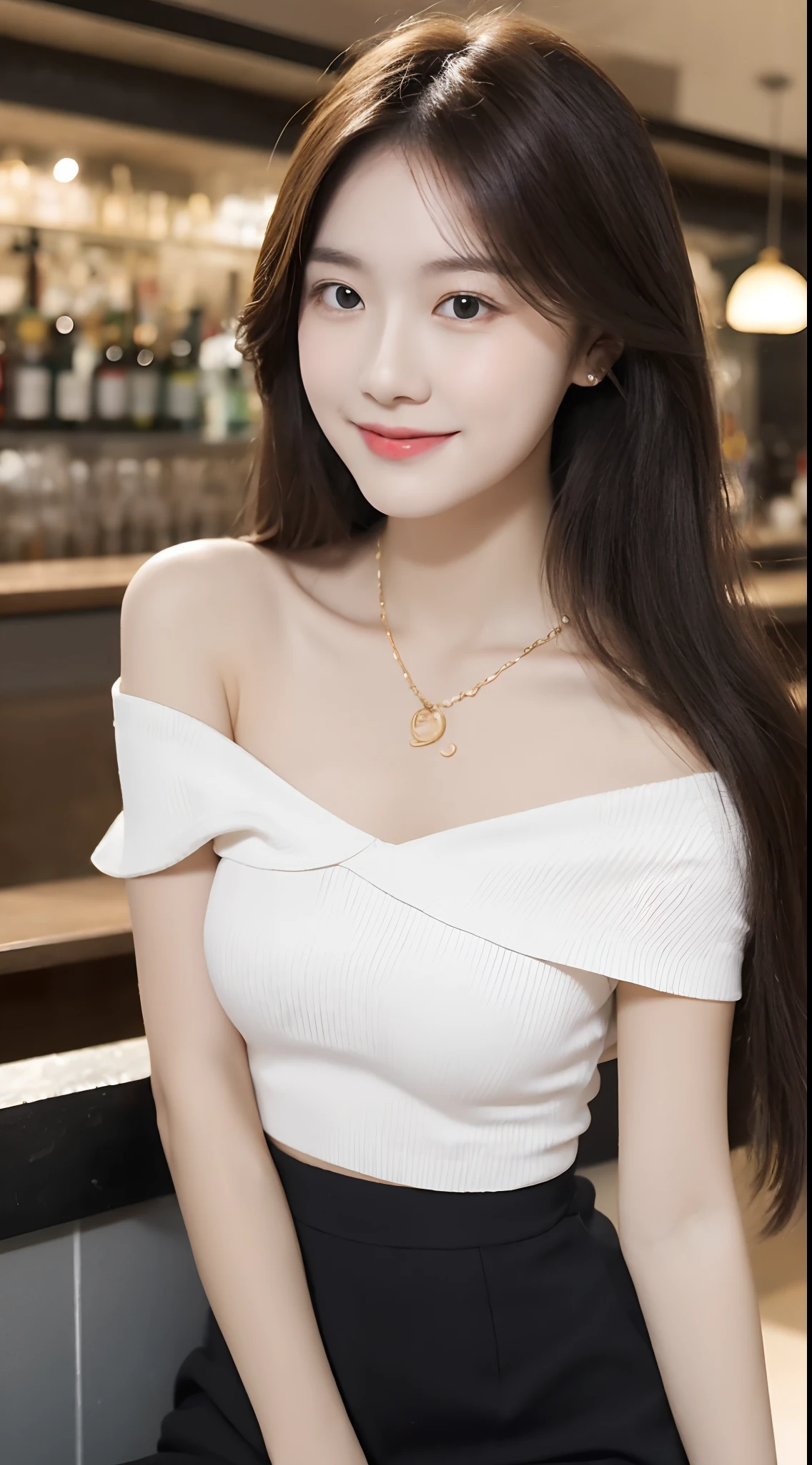 A superb exquisite real beautiful girl, golden long curly hair, extremely exquisite facial features, peerless beautiful girl, collarbone off-the-shoulder, white crop top shirt, black JK skirt, exposed legs, sweet smile, soft, dreamy quality, light white and dark brown, exaggerated facial features, solid color, frank off-white, surreal, blue gemstone necklace, ultra-clear, beautiful young girl, cute and lively, super short leggings, background at the bar counter