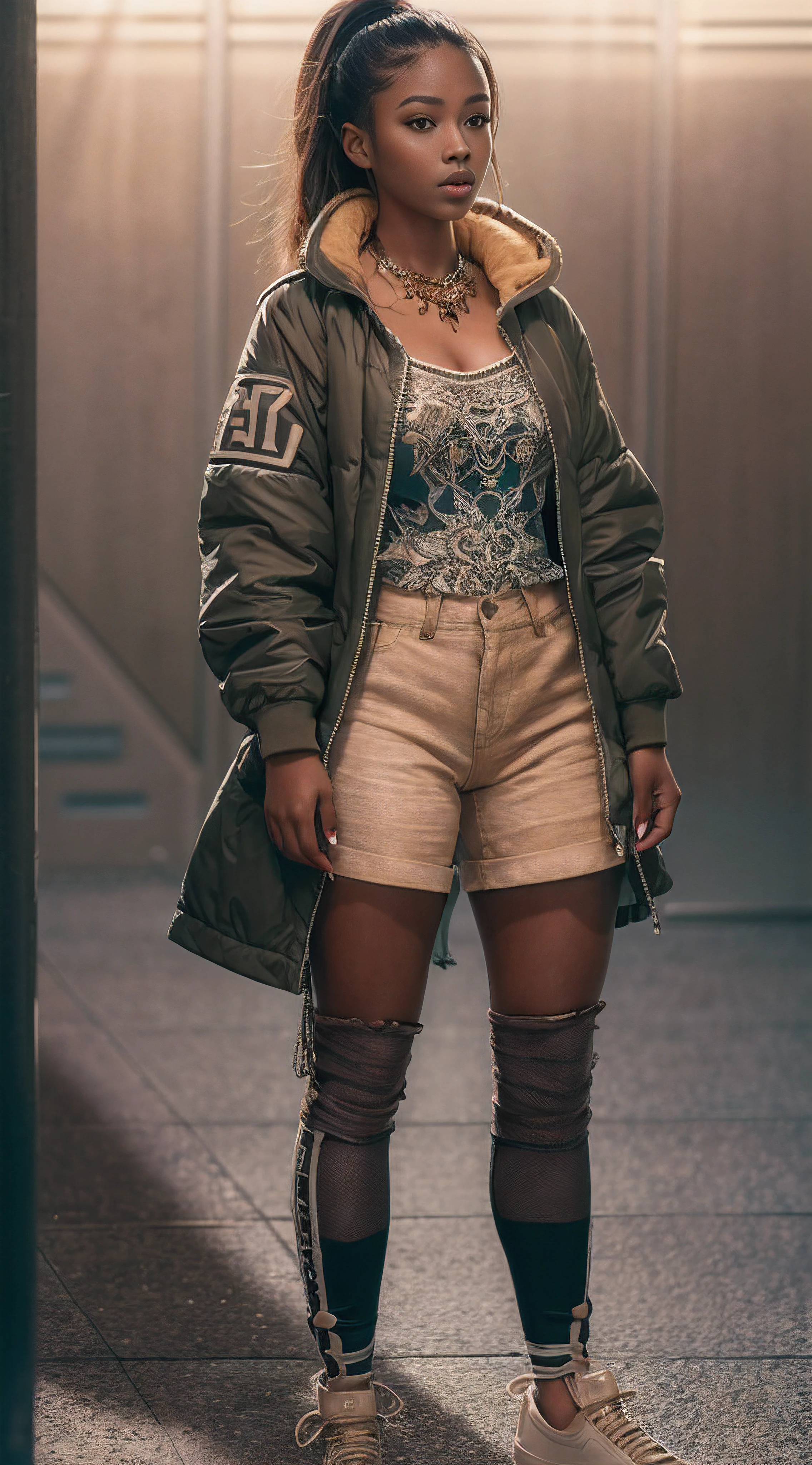 FULL BODY, center portrait, 21-year-old girl, dark skin, Clothing style comfortable, Hyper-realistic, full body portrait, long brown hair, clothes: green, sharp focus, cinematic lighting, highly detailed, intricate details, plain brown background