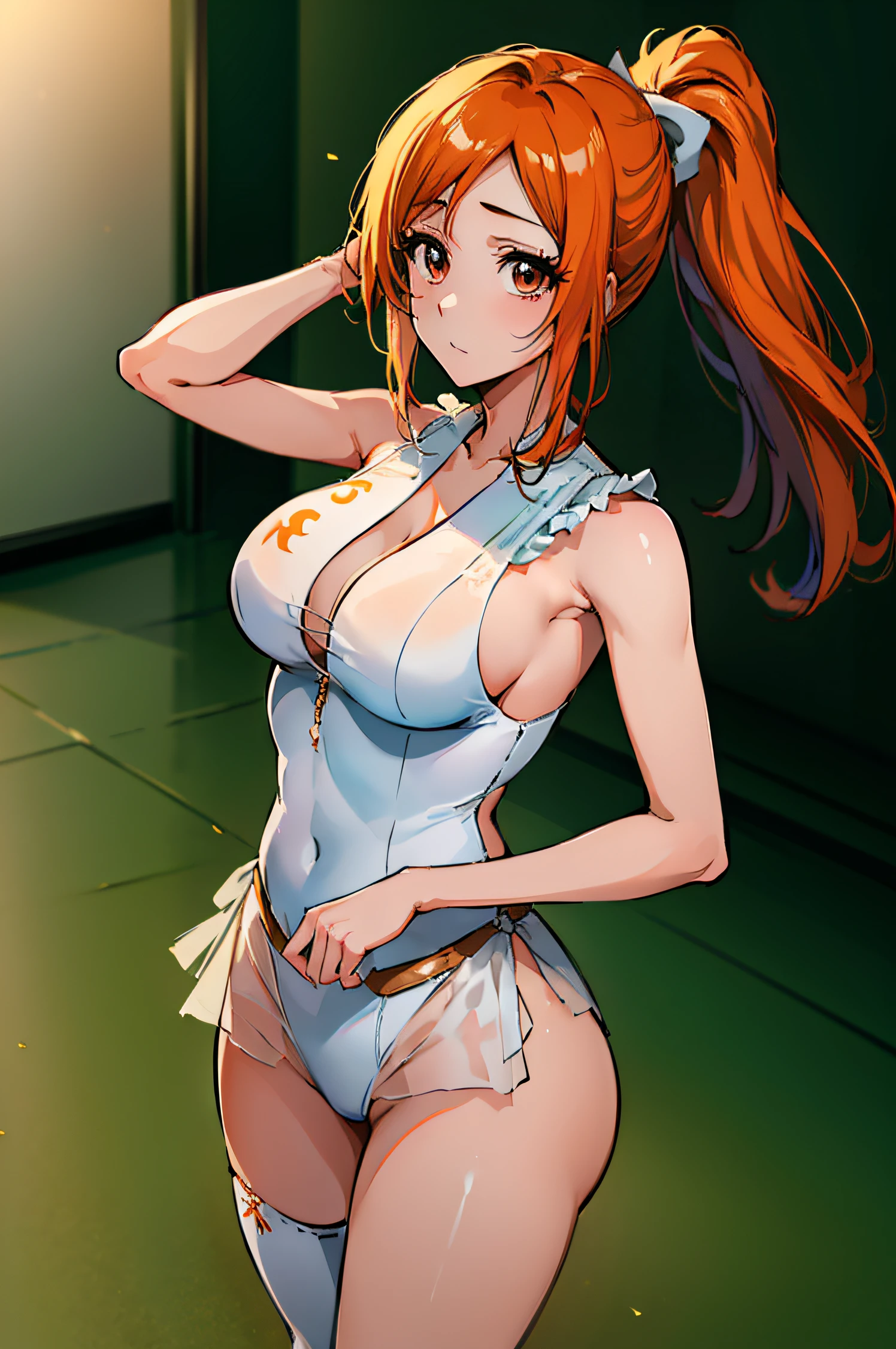 (masterpiece, best quality:1.2), cowboy shot, solo, 1girl, orihime inoue, sexy, NSFW, virginkiller, open back, sleeveless, ponytail, beautiful, wardrobe malfunction, absurdres, high res, ultrasharp, 8k, masterpiece