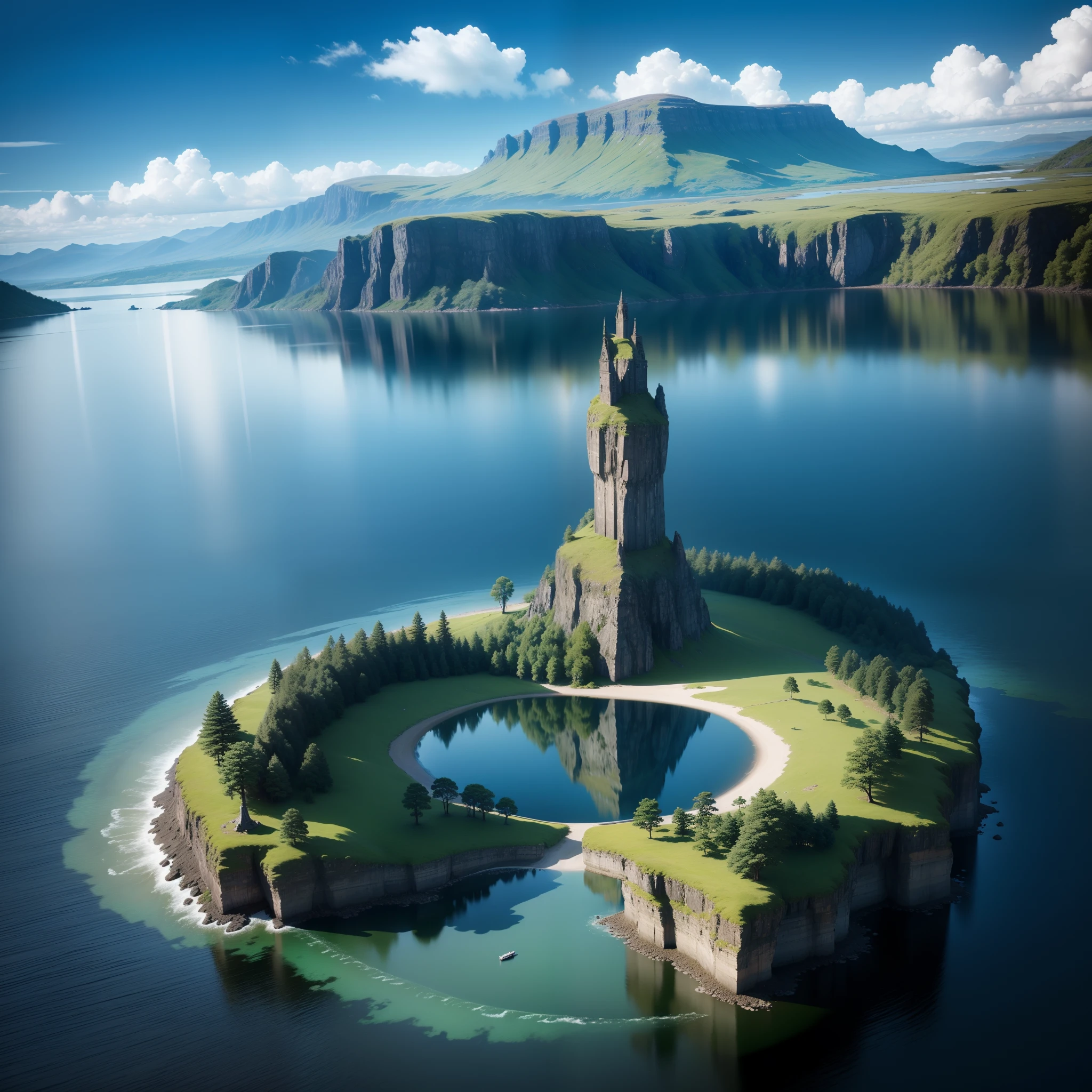 Isolated island a giant lake, Scotland, Nessie Monster, detailed.