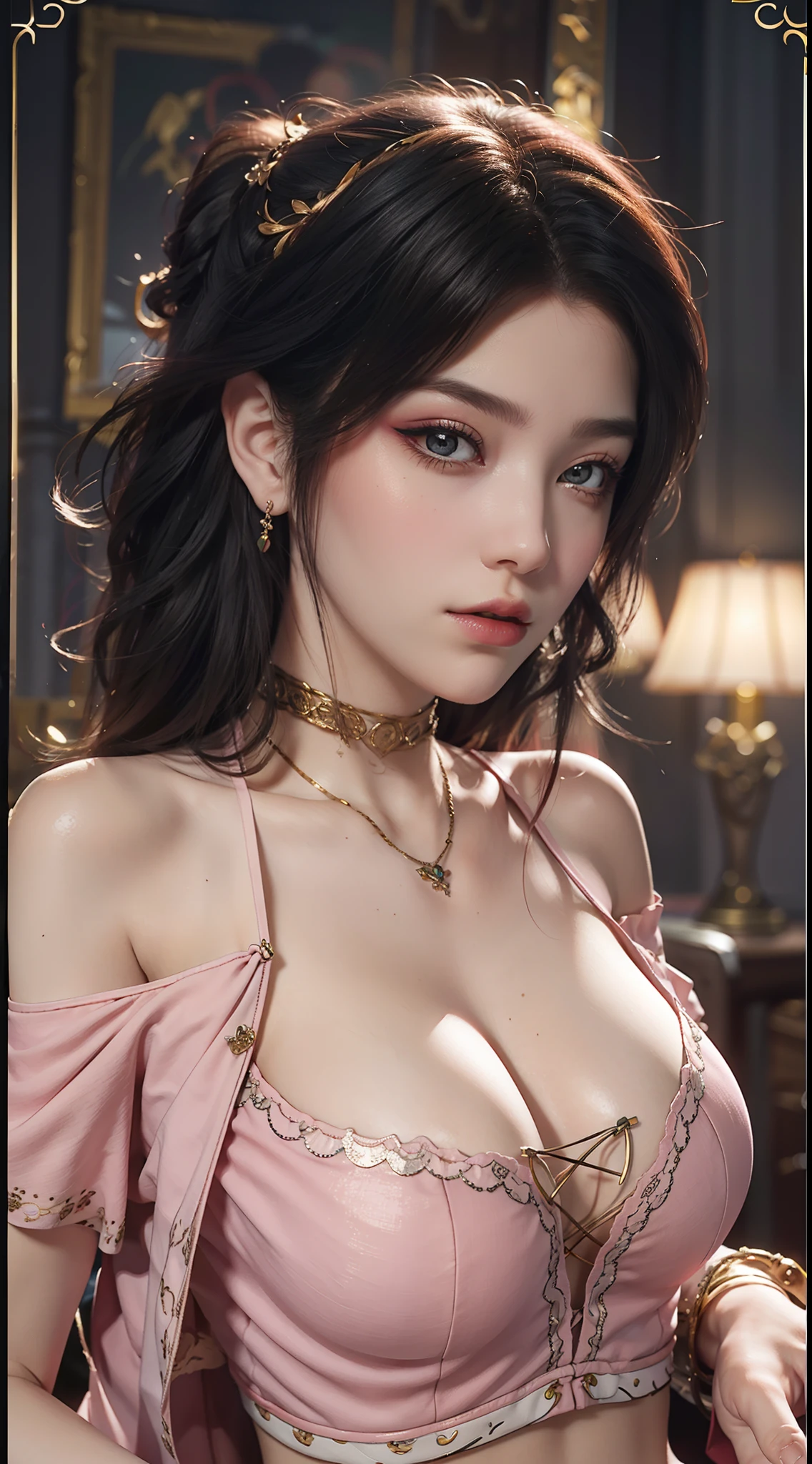 Best Quality, Masterpiece, Ultra High Resolution, (Realisticity: 1.4), Original Photo, 1girl, Pink Off-the-Shoulder, Cinematic Lighting