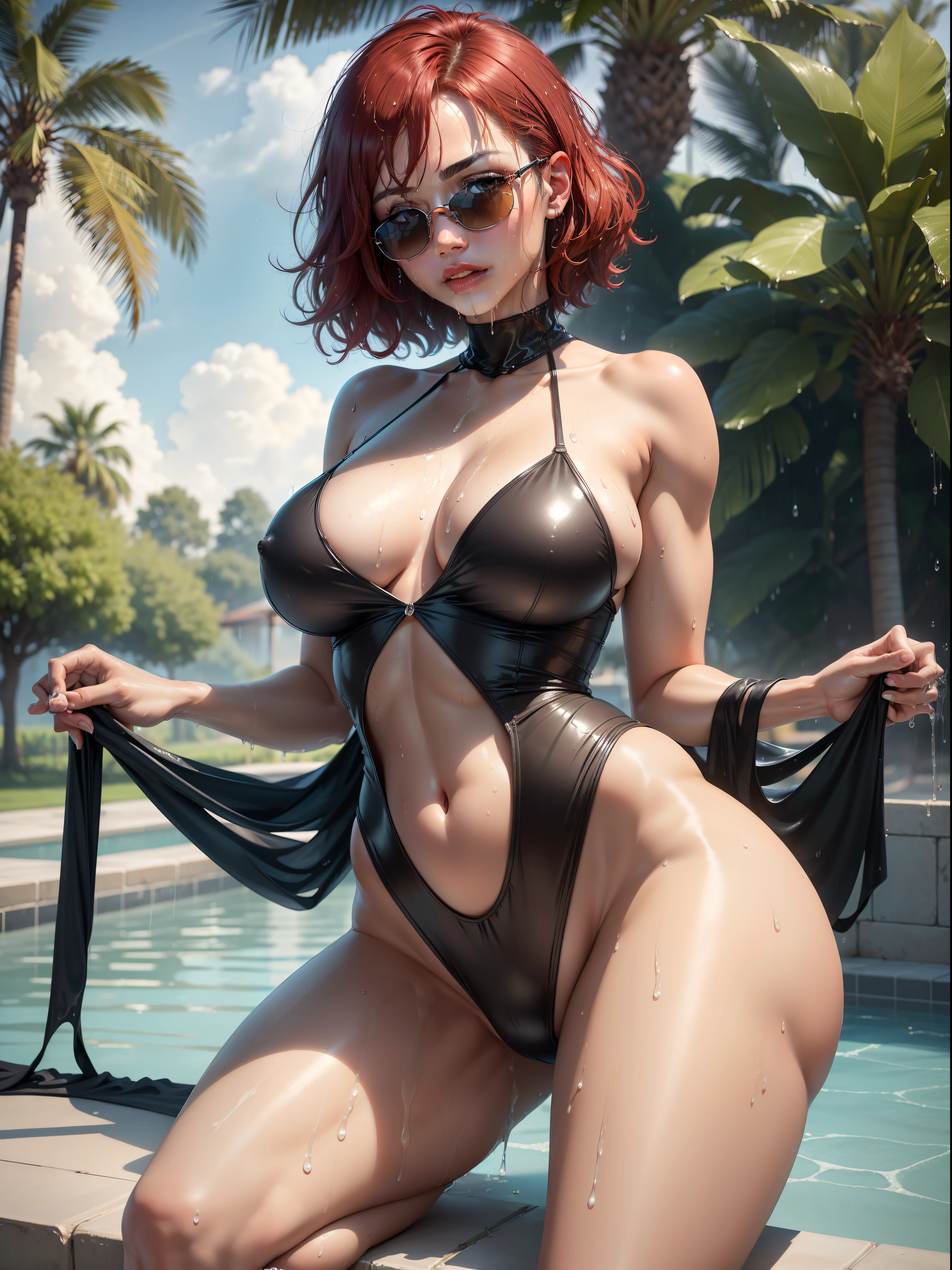 (Best quality, 4k, Masterpiece :1.3), beautiful woman, hyper realistic, 1girl, (droopy breasts, attractive body :1.2), sit-ups :1.1, short red hair: 1.1, (wet rainy, wet by rain, wet body :1.2), ultra-detailed face, detailed lips, detailed eyes, double eyelid, sensual low-necked dress, open neckline, hanging breasts, side pose, visible curves, pool party, poolside, silver transparent mantle,sunglasses, muscular turned leg