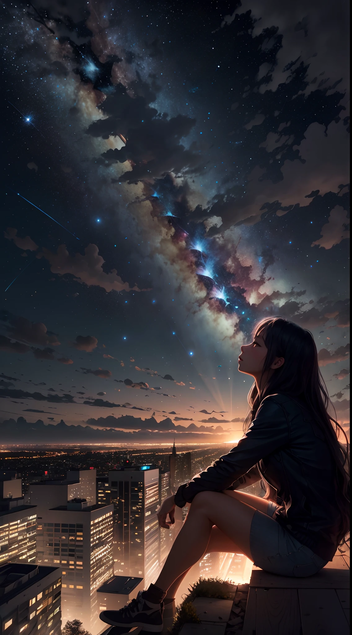 octans, sky, star (sky), scenery, starry sky, night, 1girl, night sky, solo, outdoors, building, cloud, milky way, sitting, tree, long hair, city, silhouette, cityscape