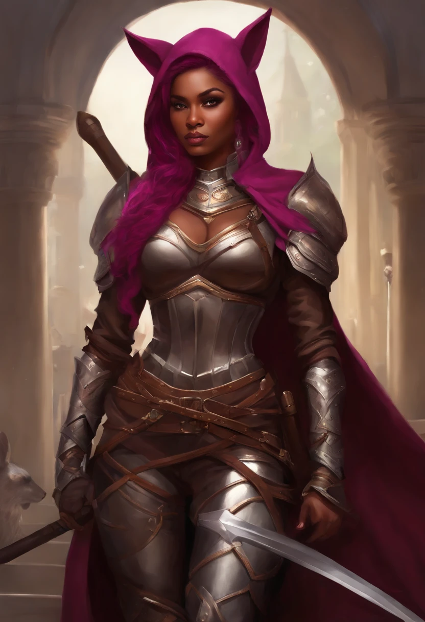 brown skin girl. Her figure, busty, curvy, proper direction, bunny ears, cat tail, Magenta hair color, dark magenta eyes, brown skin, sword in hand, large ragged cloth like cape wrapped around waist, chest armor, gauntlet, black long sleeve shirt under armor, chest armor, hoodie, properly drawn sword, magic sword, cloth wrapped around her waist, properly drawn sword in hand, bunny ears, cat's tail digital painting, digital illustration, extreme detail, digital art, Knight Armor, baggy puffy pants, metal boots, fully armored. cloth wrapped around her waist. Hold a sword in both hands.