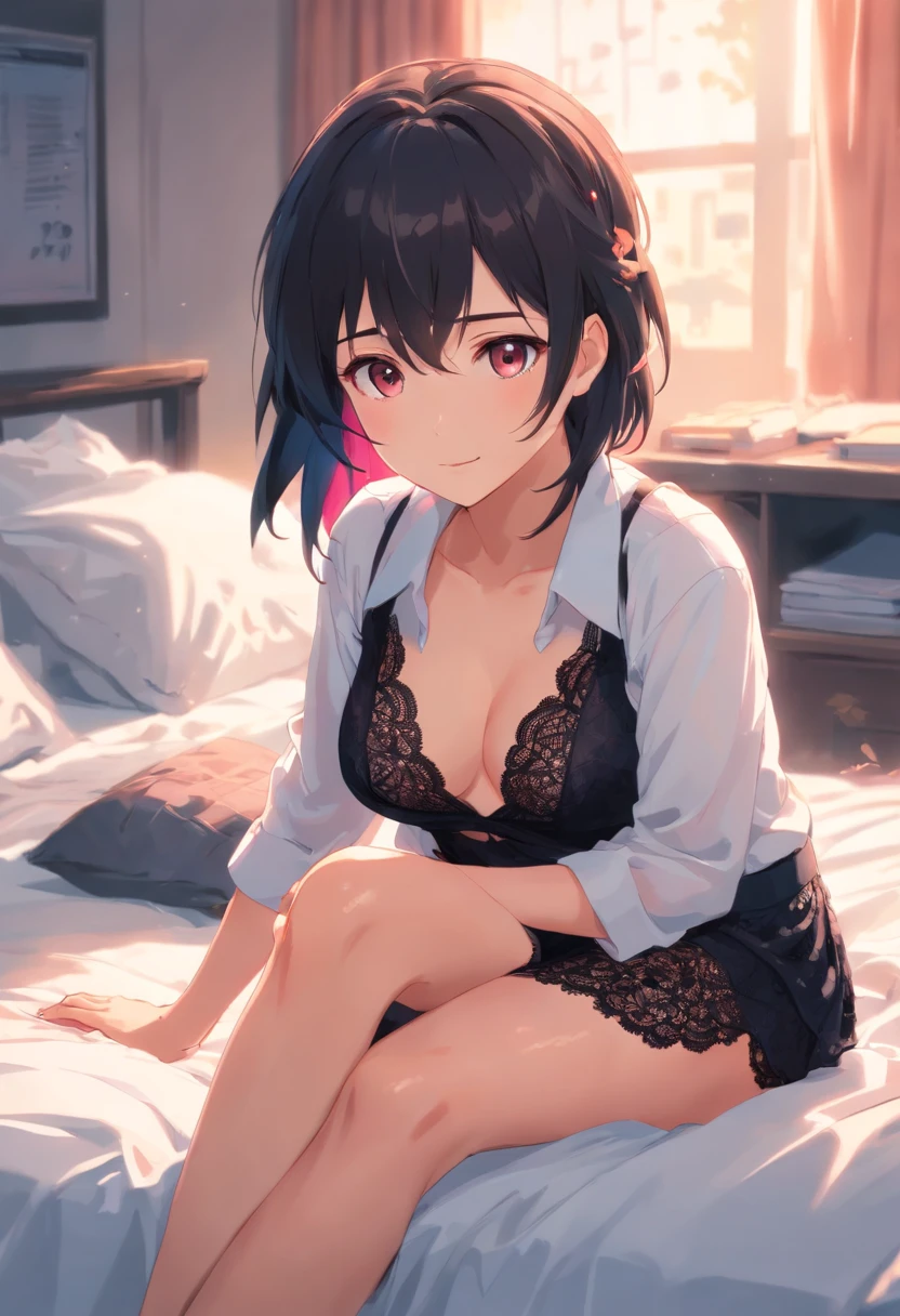 Menina com cabelo cor-de-rosa rabo de cavalo duplo，Black lace lingerie peeks through a soaked white shirt，saia plissada，Passear