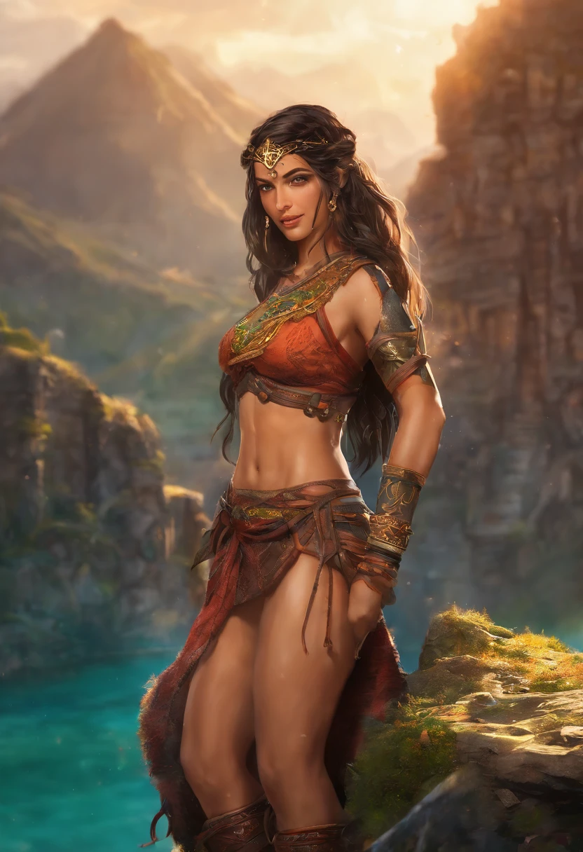 ((realistic:1.5)),((best quality)), ((masterpiece)),((detailed)), (1girl), {a beautiful female wearing a Sari}, (upper body:1.3),super-wide-angle lens,face focus, mature,sexy,toned muscles,long legs,curvy, barefoot, medium breasts, open cleavage, drooping breasts, thick thighs,wide hips, thin legs,crown, smile, brown eyes,long brown hair,floting hair,long eyelashes, (detailed face,beautiful eye, detailed pupilss,detailed clothes features, clear background:1.3), (Bindi,Jhumkas:1.3), (Armlet, Haar, Payal,Maang Tikka,Jhumkas,Kamarband,Bangles:1.3), mysterious ancient ruin, lush forests, deep canyons,bridge,river,cliff,cloud, lakes,rock,waterfalls, flowers, grass, fog,vine,tree, smoke, best shadow,bright details,sharp,perfect composistion, Intricate, Sharp focus, dramatic, by Frank Frazetta,by Julie Bell,by Olivia De Berardinis,by Luis Royo,by boris vallejo, (specular lighting:1.3),rim light, princesses, royal skimpy underwear, hugging and touching each other, teasing her friend, gasping friend