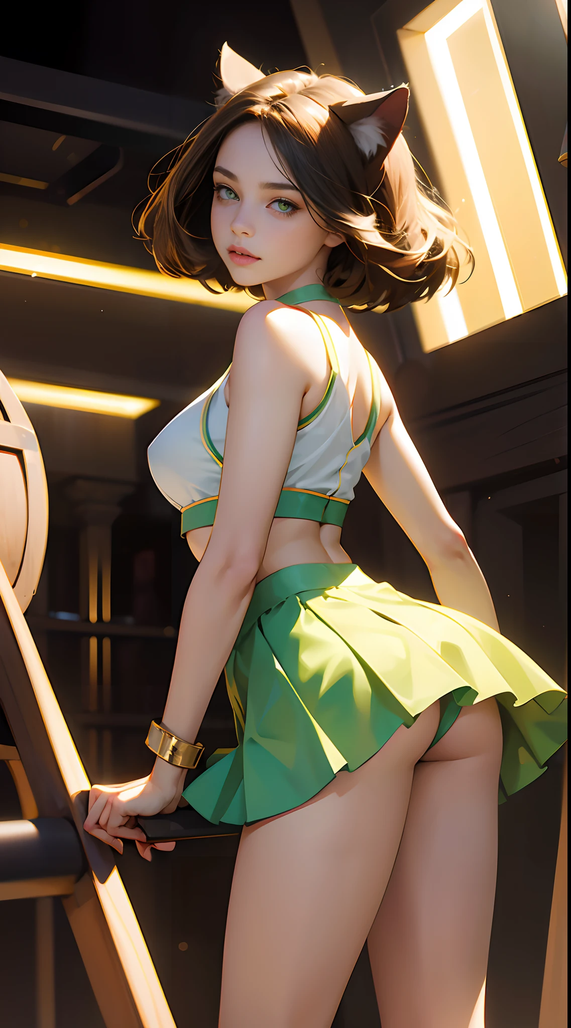 beautiful young lady, two identical symmetrical green eyes, wearing cat ears and a short skirt, booty cheeks hanging out, thigh gap, 8k, cinematic lighting, photo realistic