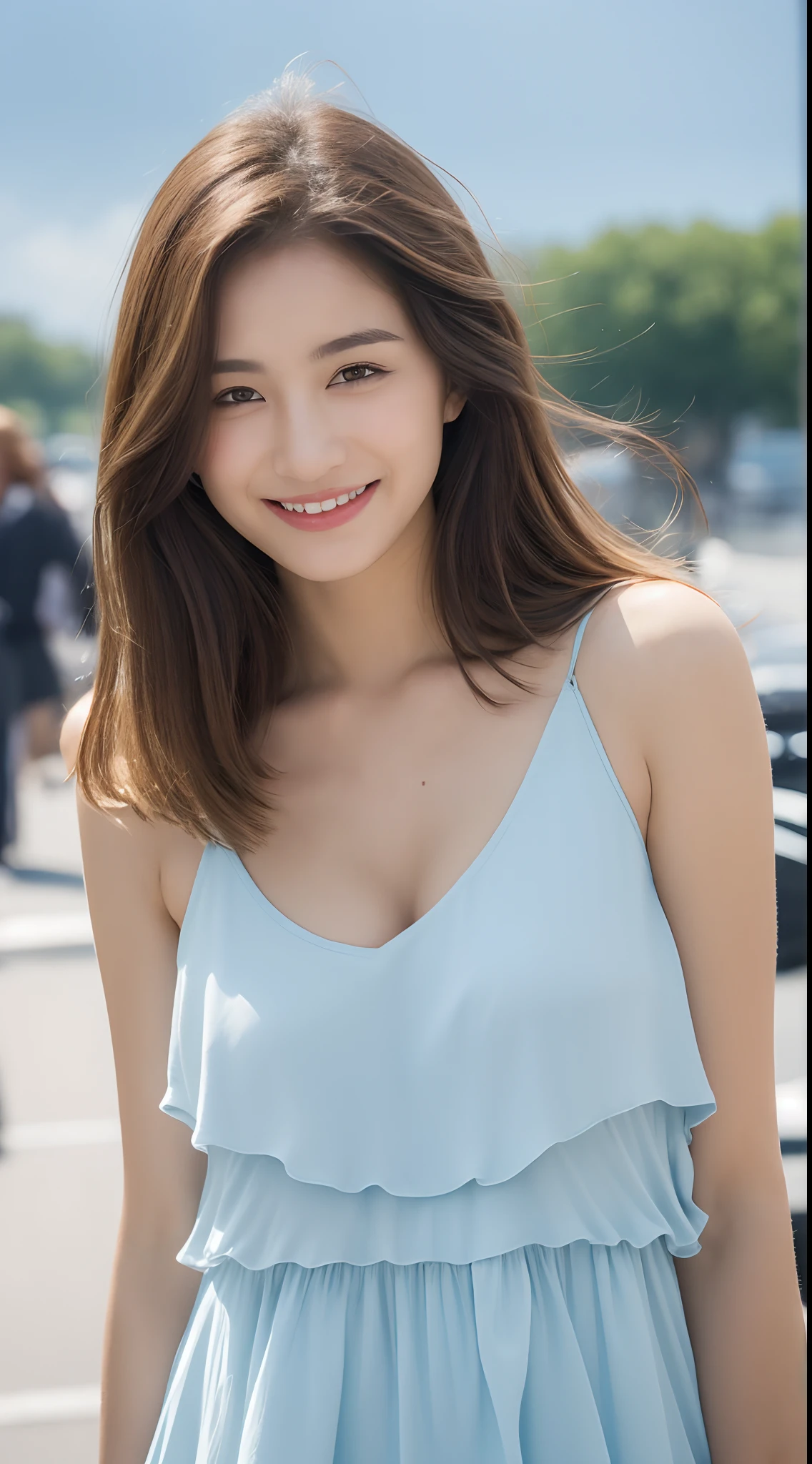 ((Best Quality, 8k, Masterpiece: 1.3)), Focus: 1.2, Perfect Body Beauty: 1.4, Buttocks: 1.2, ((Layered Haircut, Breasts: 1.2)), (Rain, Street:1.3), Bandeau Dress: 1.1, Highly Detailed Face and Skin Texture, Fine Eyes, Double Eyelids, Whitened Skin, Long Hair, (Shut Up: 1.3), Smile, Under Blue Sky and White Clouds, on the Vast Meadow